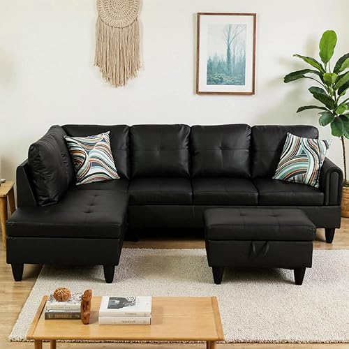 Vista 22 de Sofá modular de cuero en forma de L de 3 piezas – Sofá modular convertible con diván móvil y otomana de almacenamiento, uso multiescenario para sala
