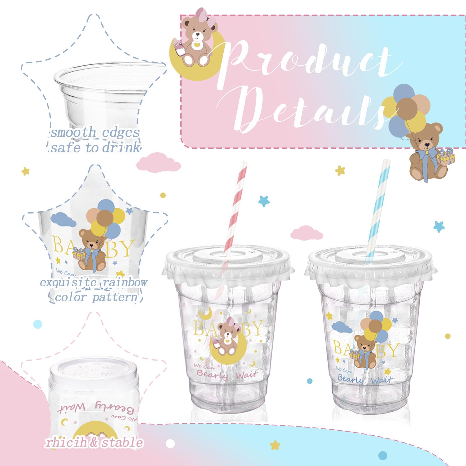 Xuelimei Baby Shower Party 12 oz Disposable Plastic Cup with Lids Pink and Blue Bear Cups Baby Shower Table Decorations Baby Shower Party Disposable Clear Plastic Cups for Party Favors (50)