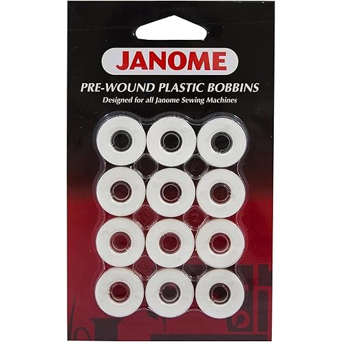 Janome 12 Pack Pre-Wound Plastic Bobbins White Thread 80 Yards Polyester