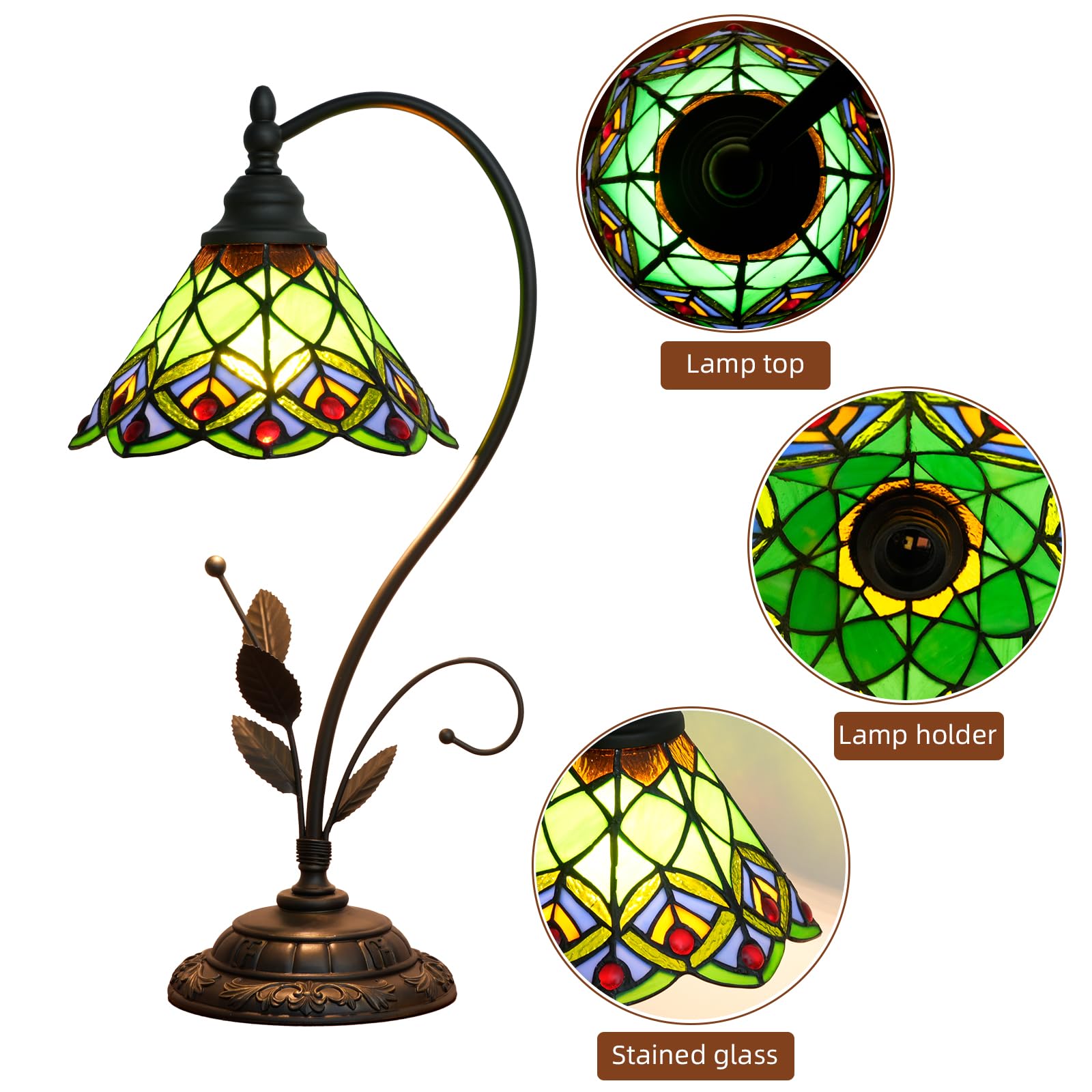 Lampa stołowa Tiffany Zielony ogon pawia Witrażowa lampa w stylu Tiffany S Liście Vintage Lampa biurkowa do sypialni, salonu, biura, akademika, jadalni