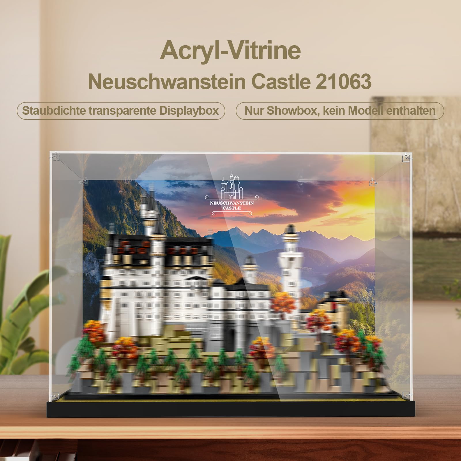 cooldac Acryl-Vitrine für Lego Schloss Neuschwanstein 21063, Transparente Acryl-Vitrine mit klarem Hintergrund, staubdicht Vitrine Kompatibel mit Bausteine Modell (Box nur, Keine Modelle)