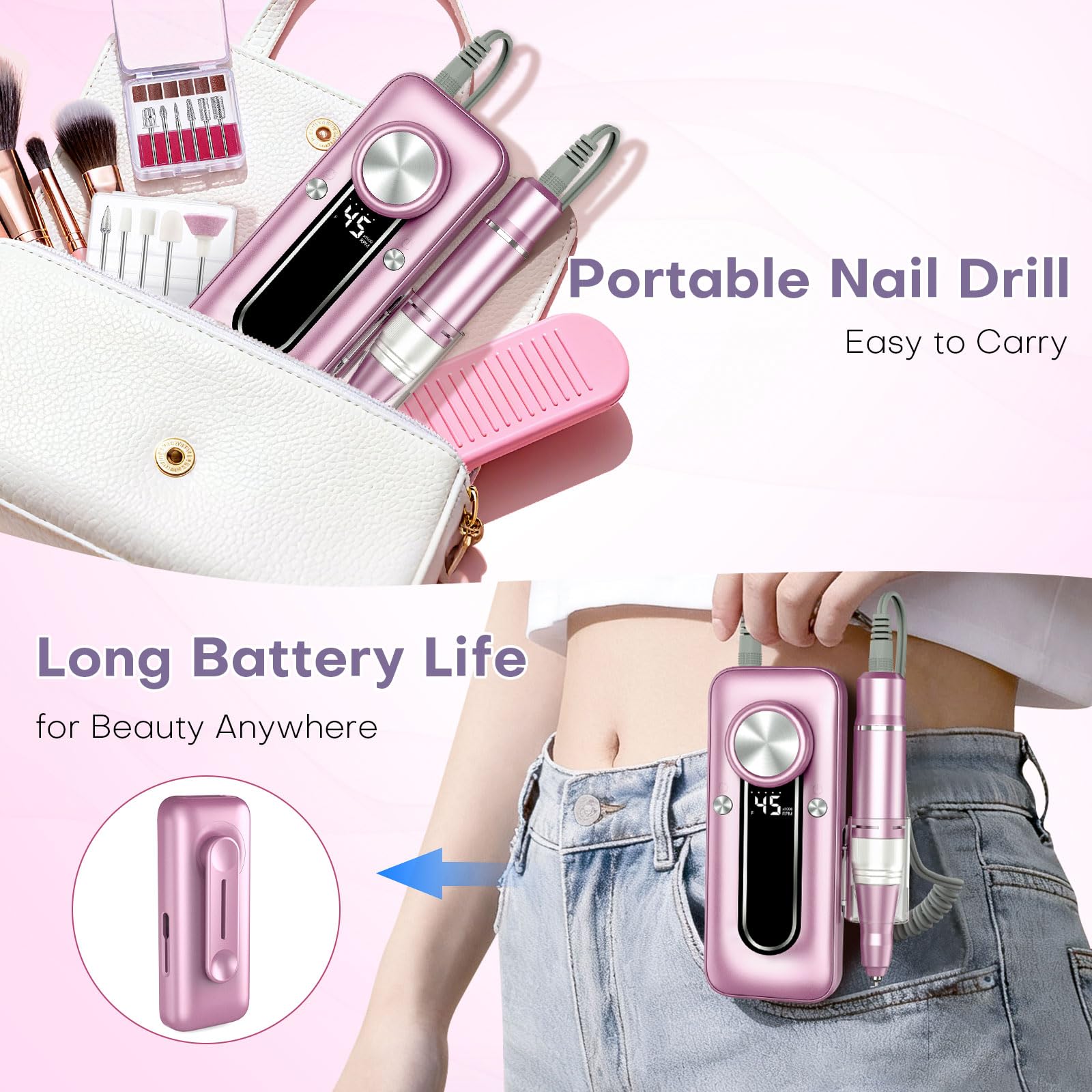 TUOBEO Nagelbohrer, elektrisches Nagelfeilen-Set, 45000 U/min, professionelles Efile-Nagelset, kabellos, tragbar, wiederaufladbar, Acryl-Gel-Nagellackentferner, Maschine, Pediküre, Maniküre-Werkzeug
