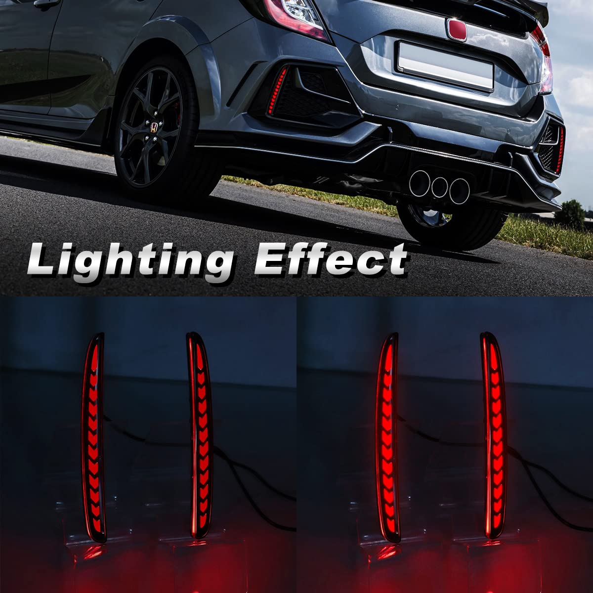 JDMTECH LED Rear Bumper Reflector Brake Lights W/ Sequential Turn Signal For Honda Civic 2017-2021