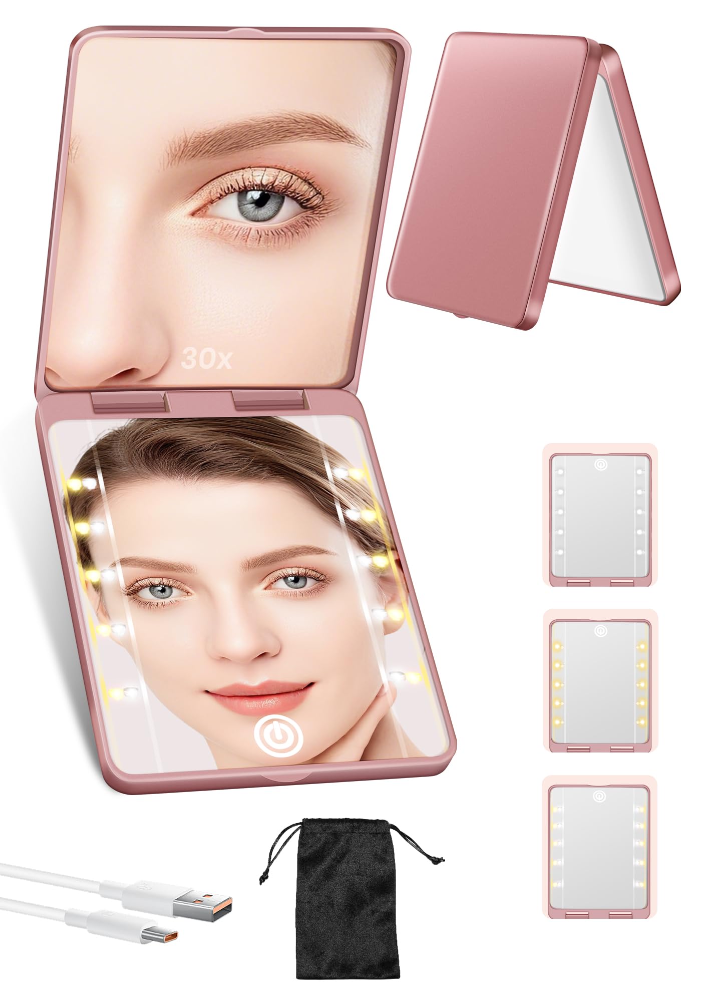 Compact Mirror, Rechargeable 30X Magnifying Mirror with 3 Lighting Modes & Dimmable Brightness, Portable Travel Makeup Mirror with Light, Essentials for Travel, Pocket, Purse, Gifts for Women Rose