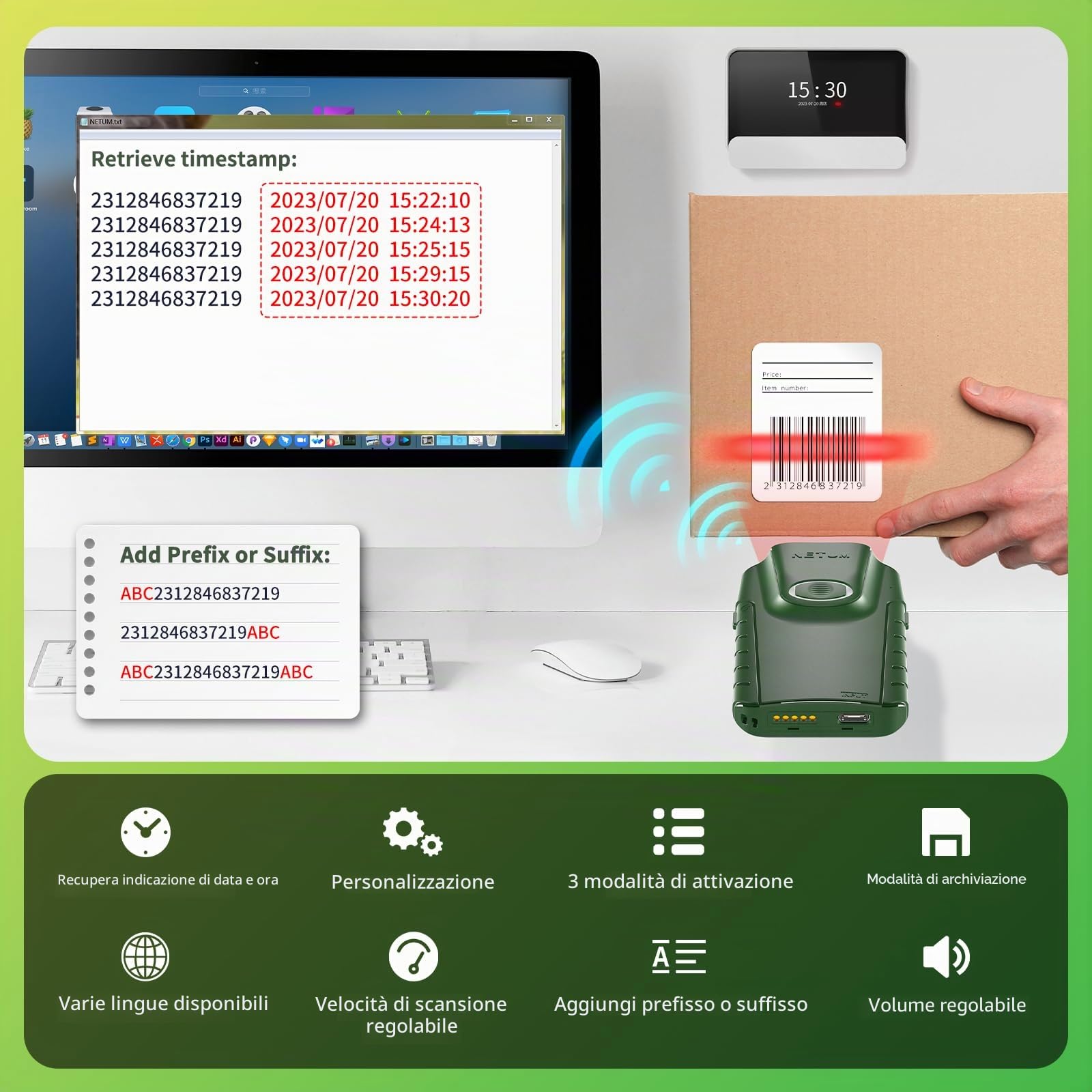 NETUM Scanner Barcode 1D Bluetooth, Lettore CCD 3-in-1 Portatile con Clip Posteriore, Wireless, Compatibile Tablet iOS/Android/Windows/macOS per Magazzino e POS (E740)