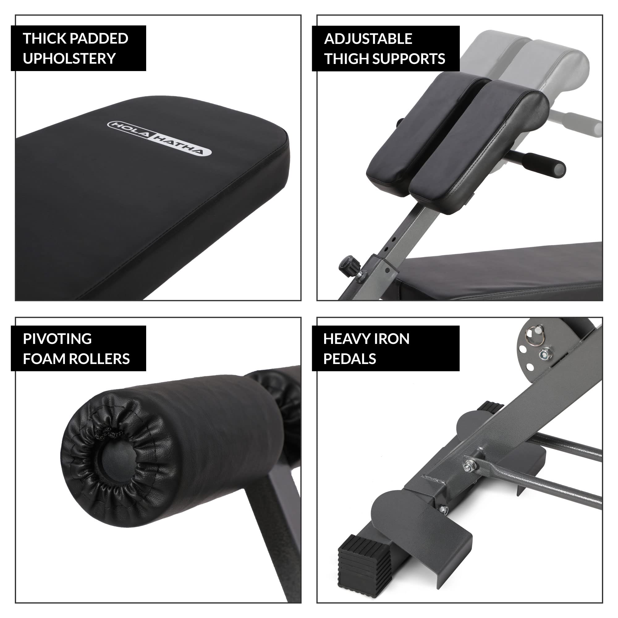 HolaHatha Banco multifuncional para ejercicios de entrenamiento de peso, inclinación, declinación y plano con asiento acolchado y rodillos de espuma para entrenamiento de cuerpo completo