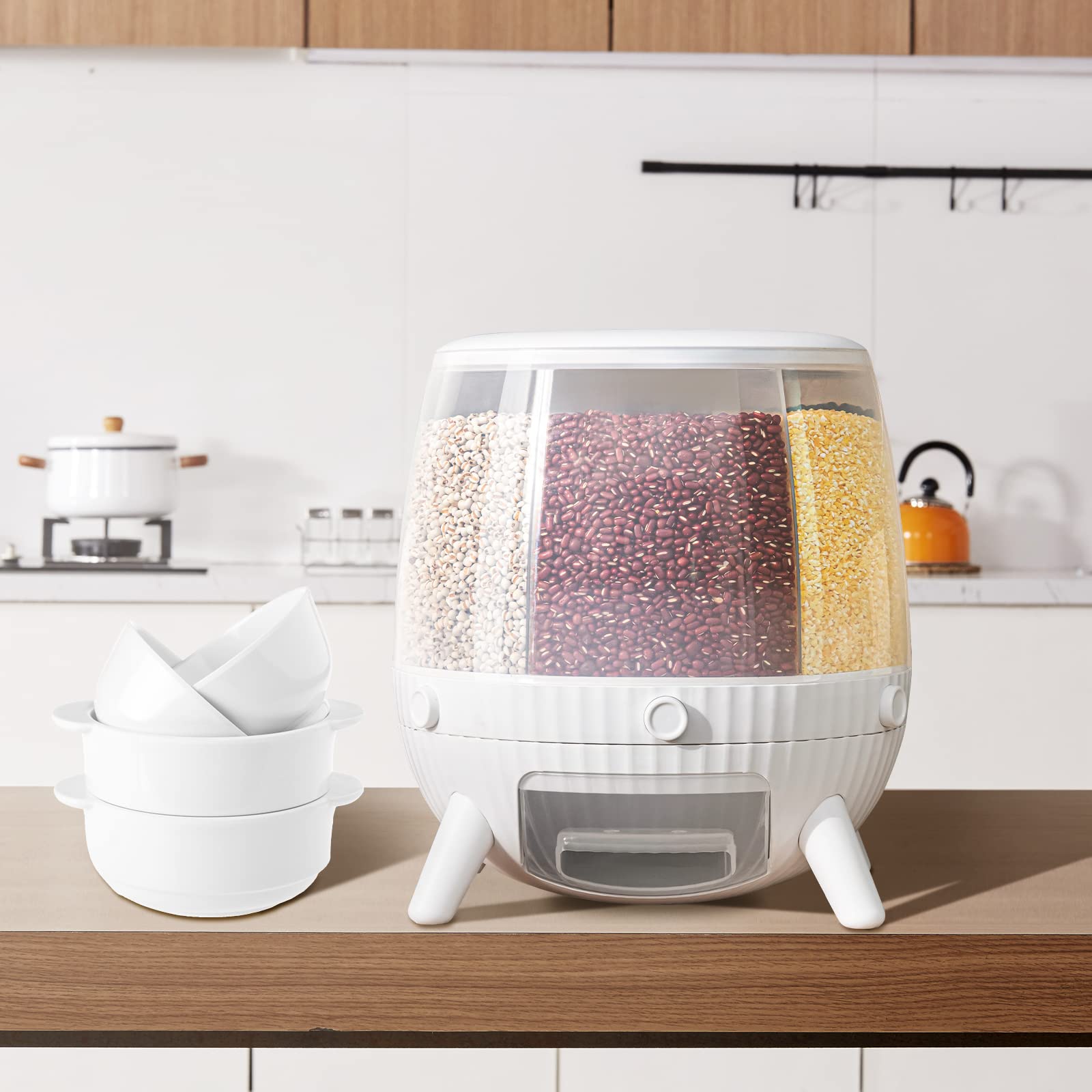 6 Grid Dry Food Storage Containers Dispenser, Round Rotatable Countertop Rice Coffee Bean Cereal Storage Box, 13 lbs Capacity, White