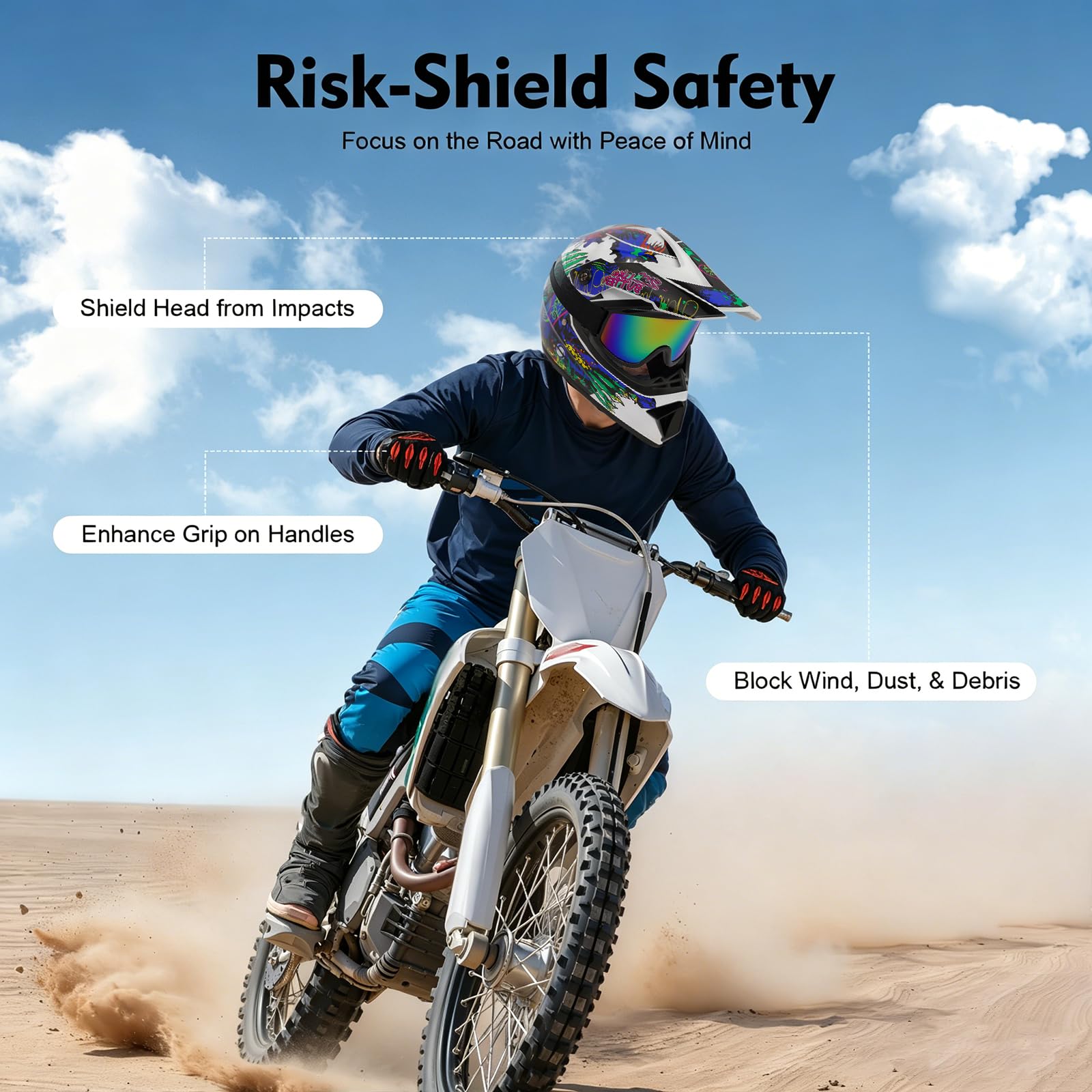 Motorradhelm Set Integralhelm mit Schutzbrille & Handschuhen L