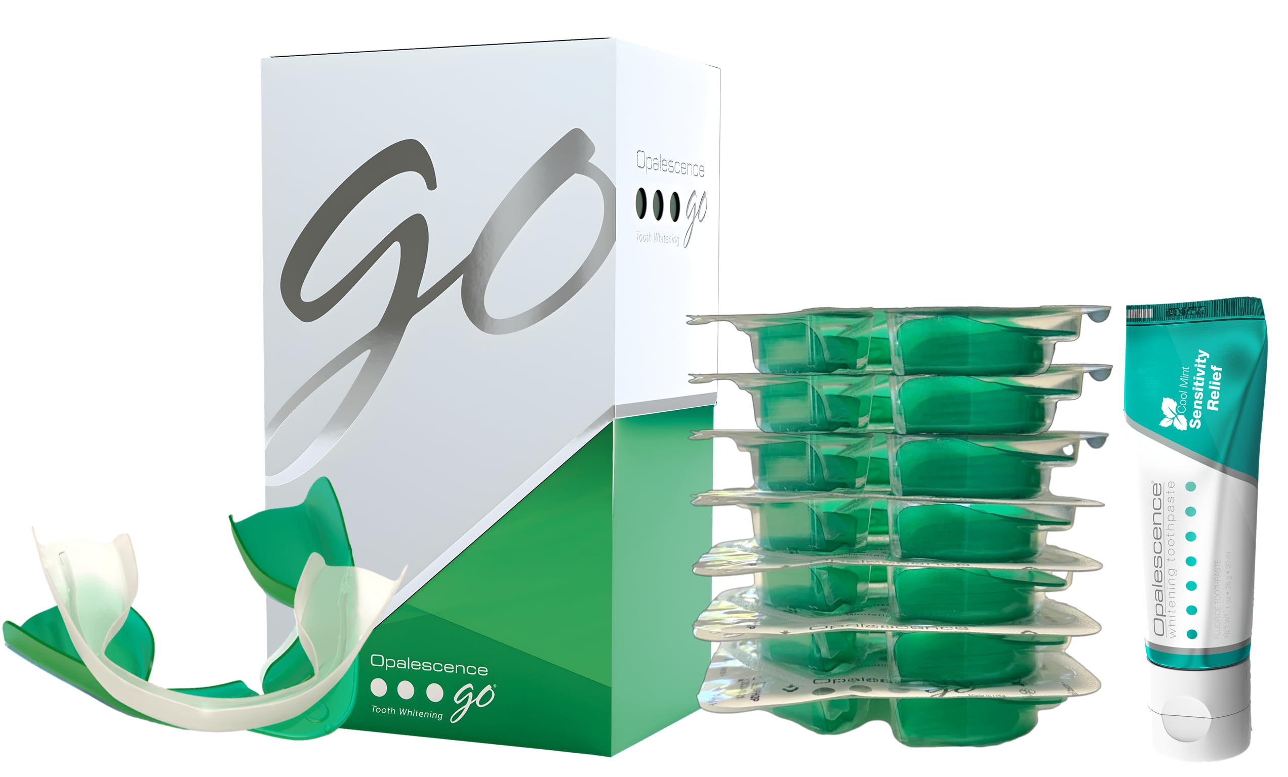 OpalescenceGO 15 Whitening Bundle - (7 Treatments) Hydrogen Peroxide Prefilled Teeth Whitening Trays and Travel Sensitive Whitening Toothpaste 1 Oz - Mint Flavor- Includes a Toothbrush - 6288-1T
