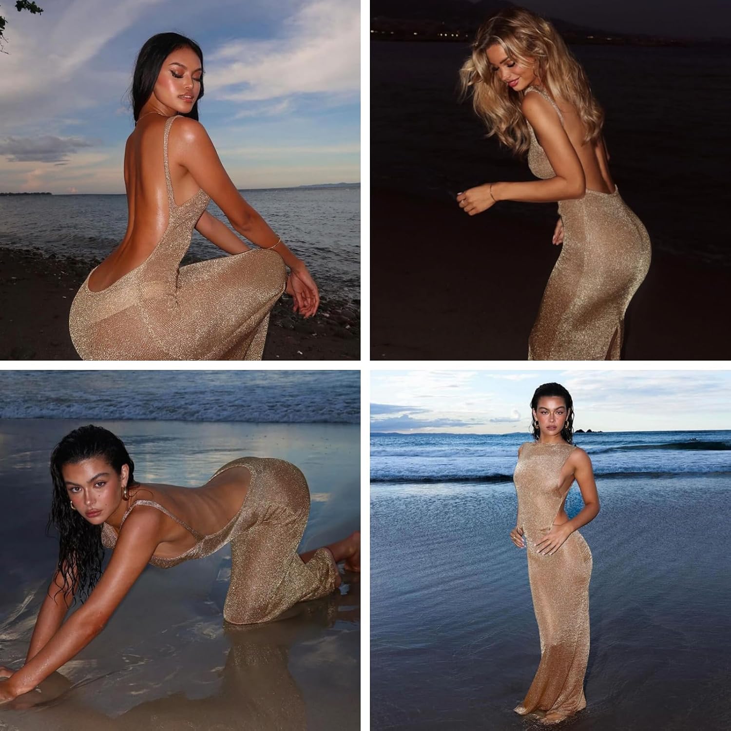 Women's Sexy Open Back Glitter Maxi Dress Sheer Mesh Beach Cover Up Dress Sleeveless Party Vacation Dresses - Image 4