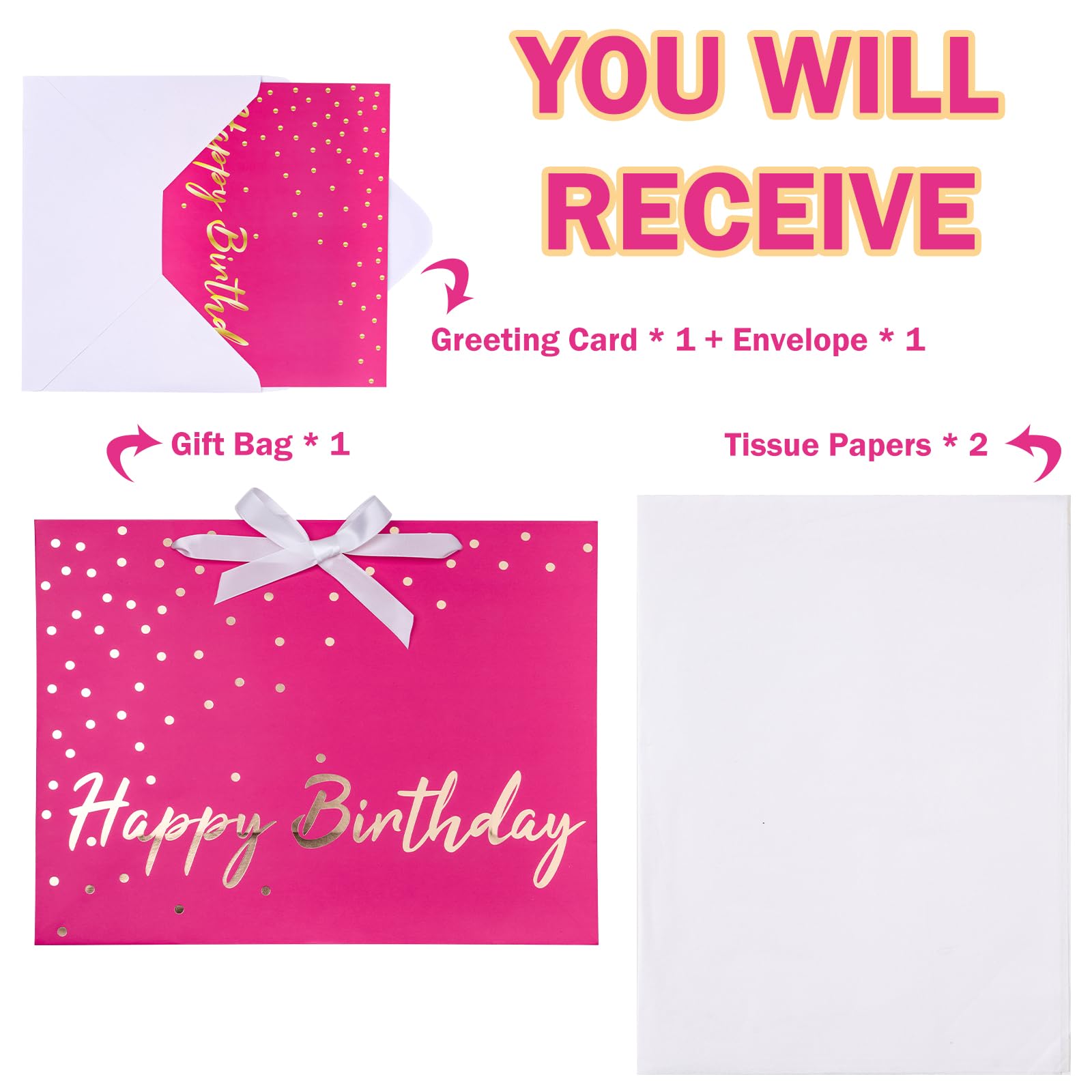 WRAPAHOLIC 13" Hot Pink Birthday Gift Bags with Tissue Paper and Card - Pink and Gold Foil Dots Bags for Girls Women Birthday Party Supplies