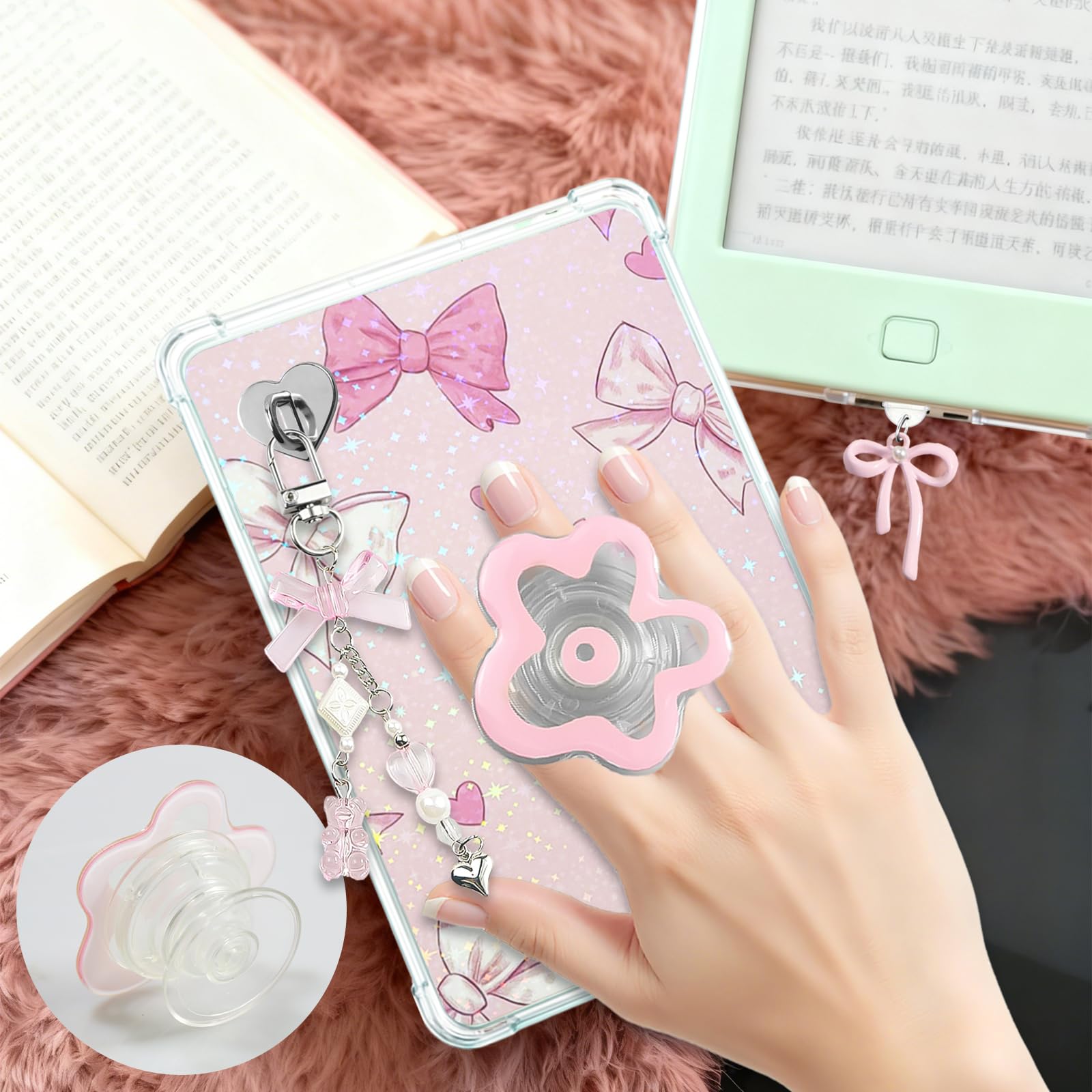 Simpatico set di 6 biglietti con inserti per Kindle, design a tema libro con ciondoli per Kindle e tappi antipolvere USB-C, per 11a/12a generazione, 17,3 x 12,2 cm (rosa)