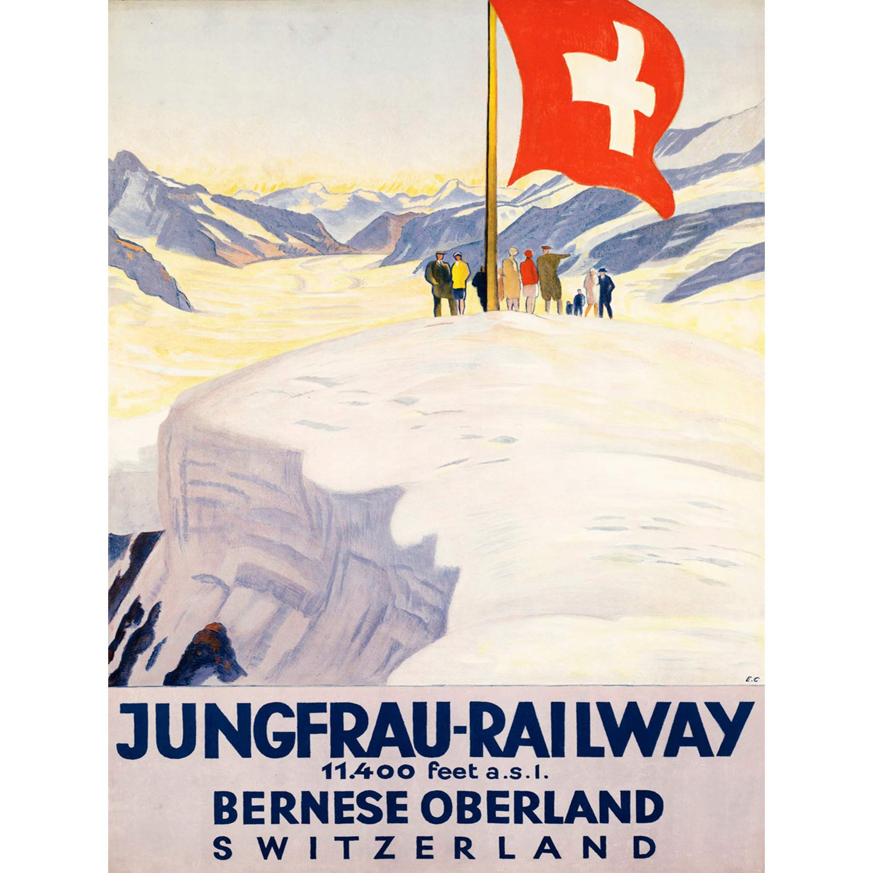 Bumblebeaver TRAVEL TOURISM JUNGFRAU RAILWAY SWISS FLAG SWITZERLAND ALPS ART PRINT