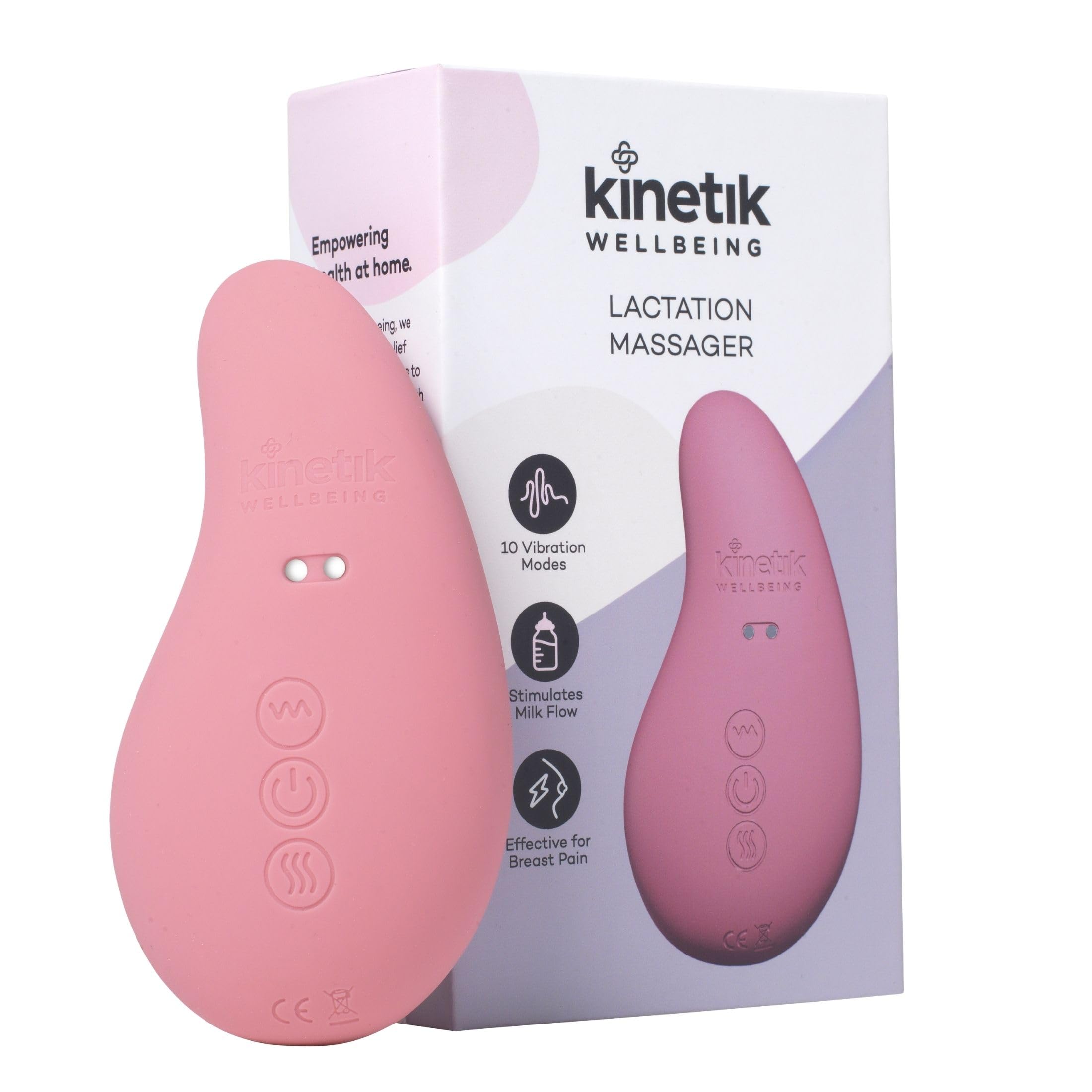 Kinetik Wellbeing Lactation Massager - Breast Feeding Pain Relief Device with 10 Vibration Modes, 3 Heat Settings - Rechargeable, Portable Breastfeeding Aid for Milk Flow Stimulation, Clogged Ducts