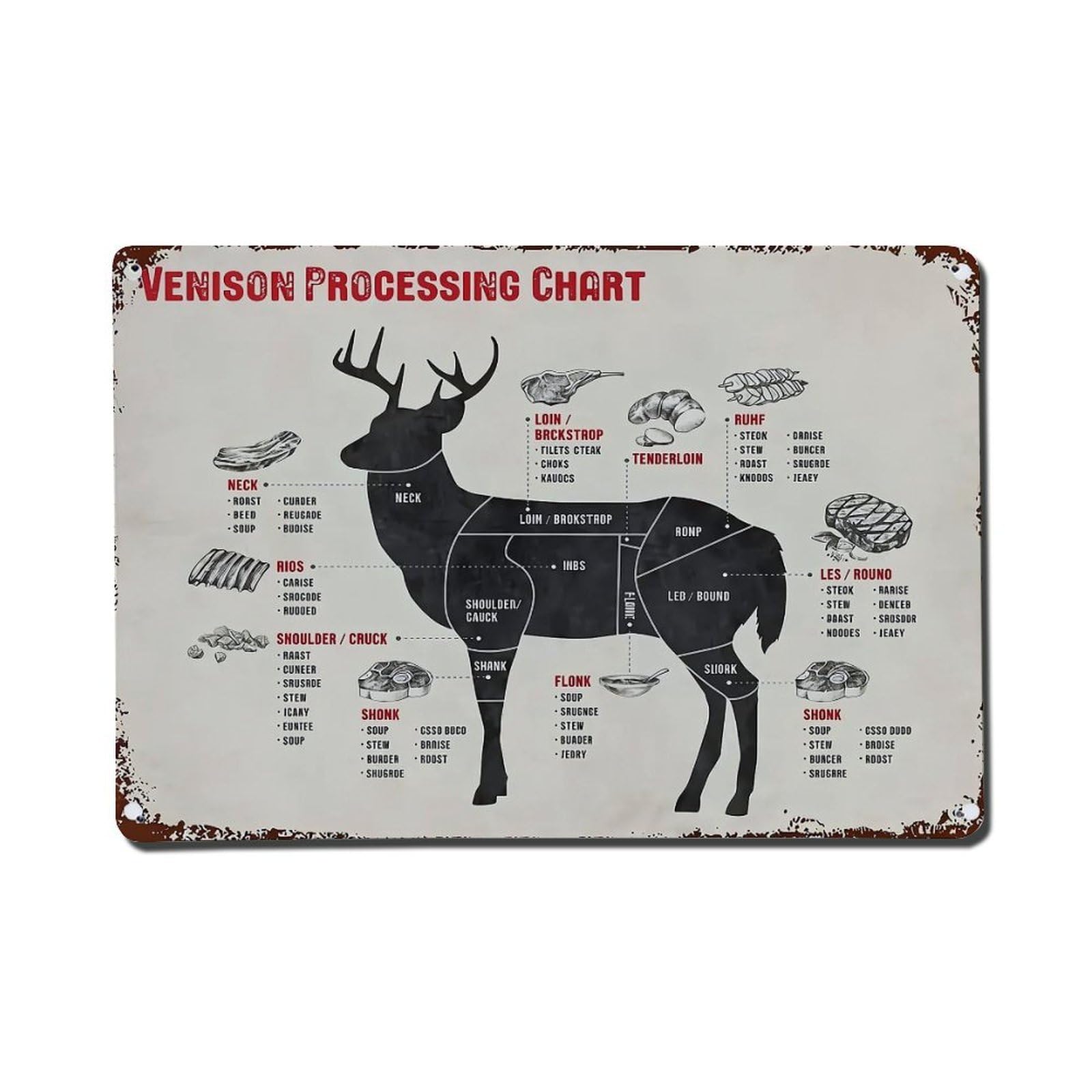 Venison Processing Chart Diagram Retro Metal Tin Sign, Vintage Decor Art Poster for Bar, Home, Man Cave, Kitchen, Laundry Room Gift 8x12Inch