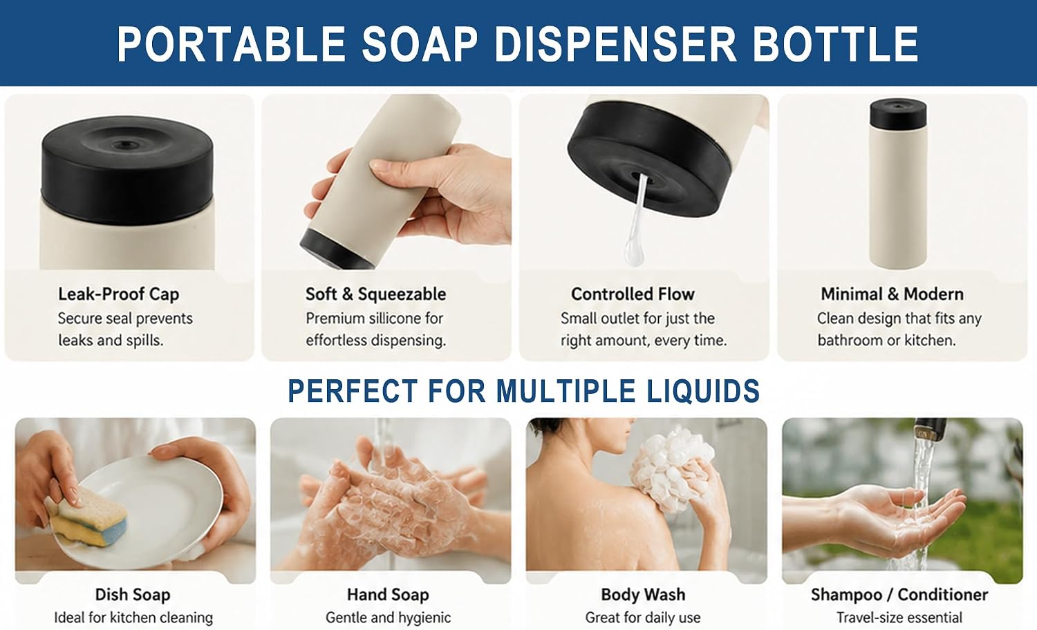 Dishwashing Soap Dispenser, Soft Silicone Dish Soap Squeeze Bottle, Leak-Proof Refillable Liquid Soap Dispenser Bottle, Ergonomic for Kitchen Bathroom Countertop Storage