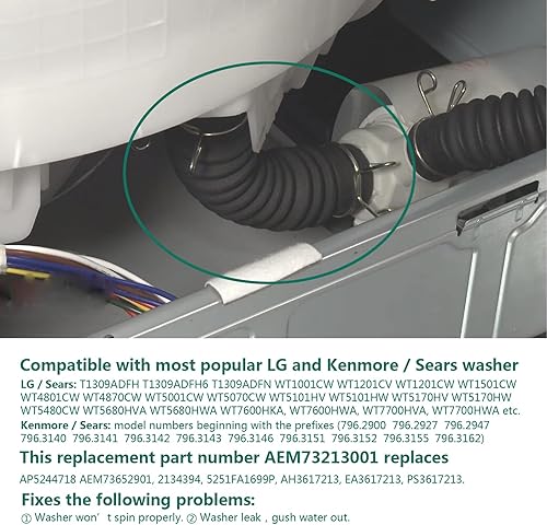 Miniatura 3 de AEM73213001 LG - Manguera de drenaje para conector de tina a bomba de lavadora, salida de bomba para lavadora LG, más gruesa con 2 abrazaderas de