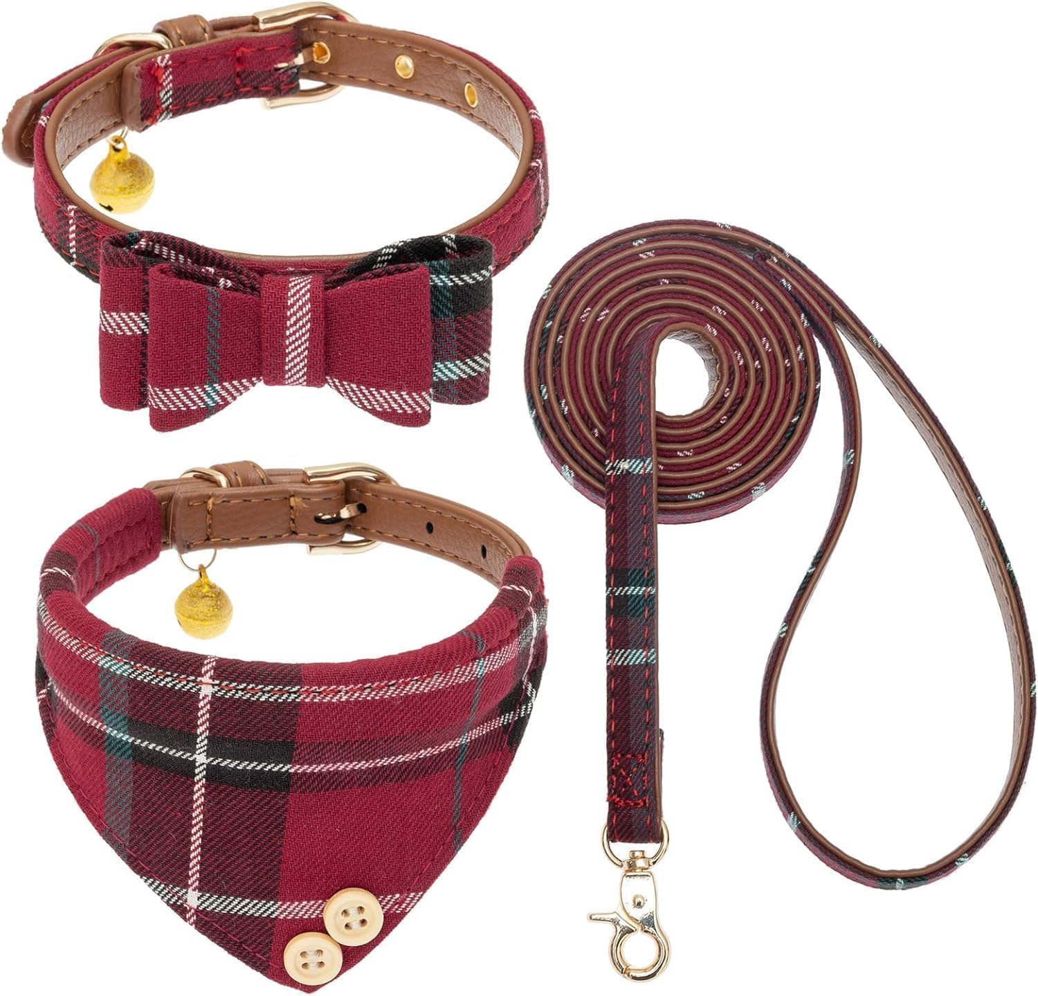 KOOLTAIL Small Dog Collar and Leash Set with Bowtie and Bells - Cute Puppy Bandana Collar and Leash for Female with Classic Plaid Pattern,Soft Leather