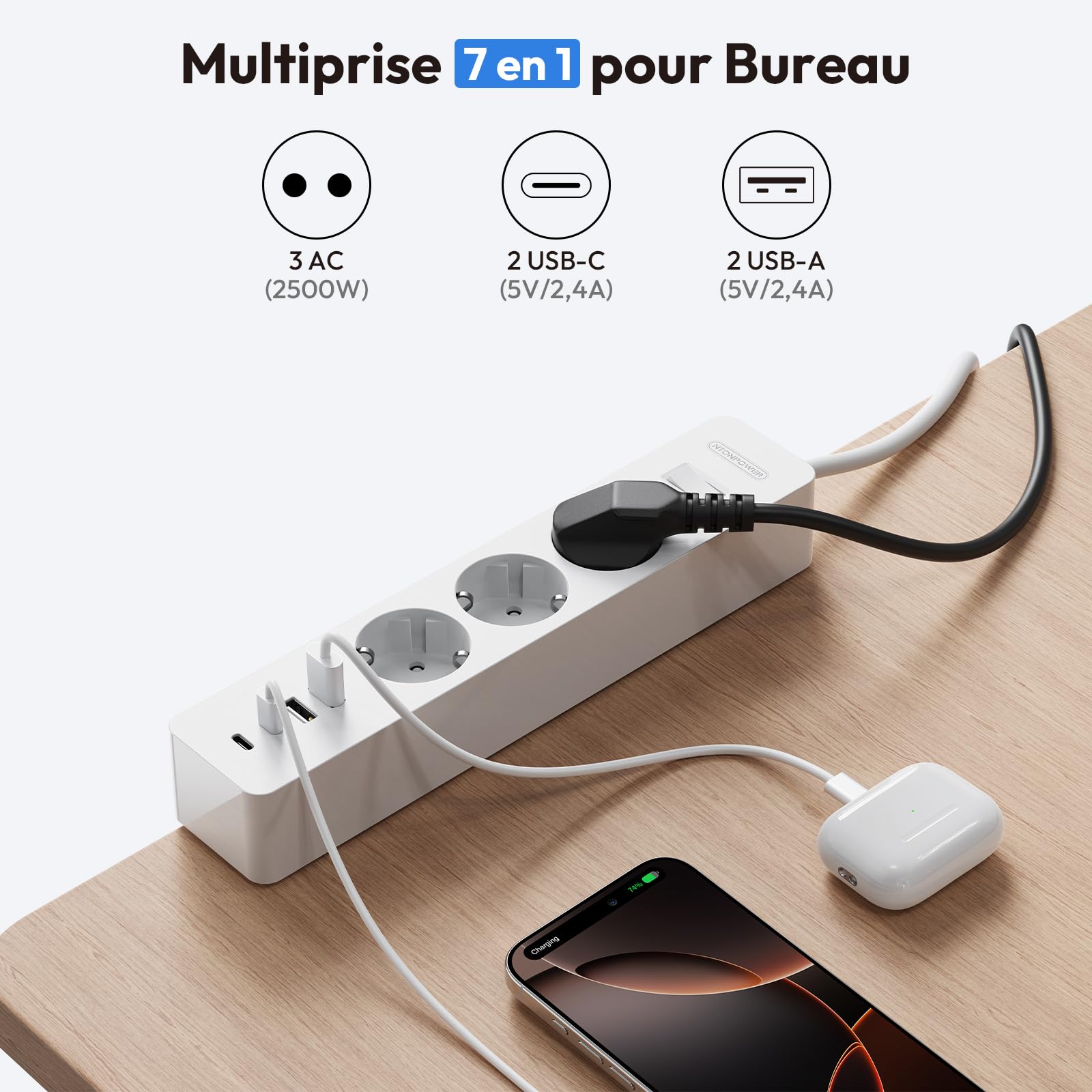 NTONPOWER Listwa zasilająca na biurko z USB-C, 3-gniazdowa listwa zasilająca z zaciskającą klipsem, kabel 2 metry, wielogniazdowa listwa zasilająca do biura, 2500 watów, biała