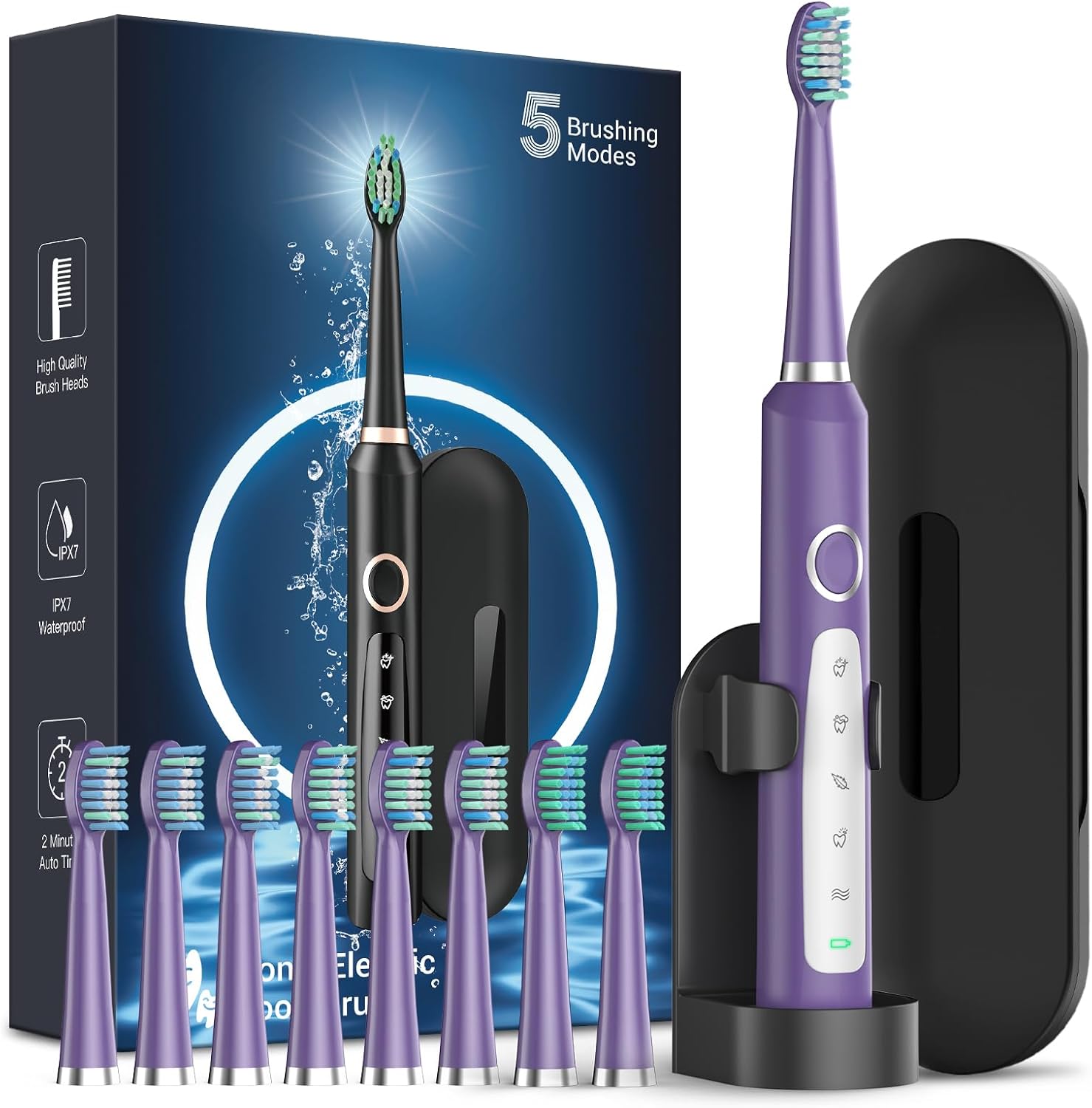 Rtauys M5 Sonic Electric Toothbrush for Adults and Kids - Rechargeable Electric Toothbrush Kids Ages 12+ and Adults with 8 Brush Heads & Travel Case, 120 Days Battery Life - Purple Purple 1 Count (Pack of 1)