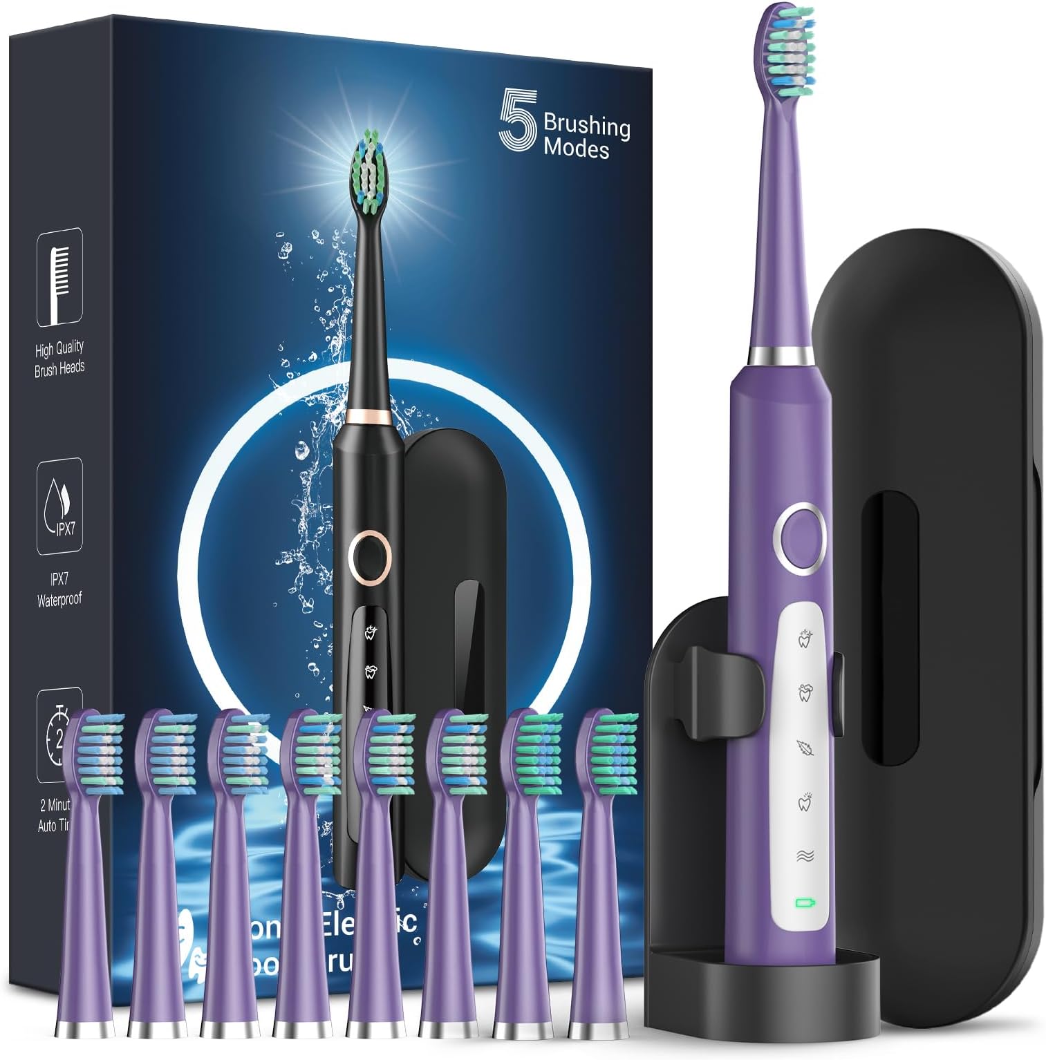 Rtauys M5 Sonic Electric Toothbrush for Adults and Kids - Rechargeable Electric Toothbrush Kids Ages 12+ and Adults with 8 Brush Heads & Travel Case, 120 Days Battery Life - Purple
