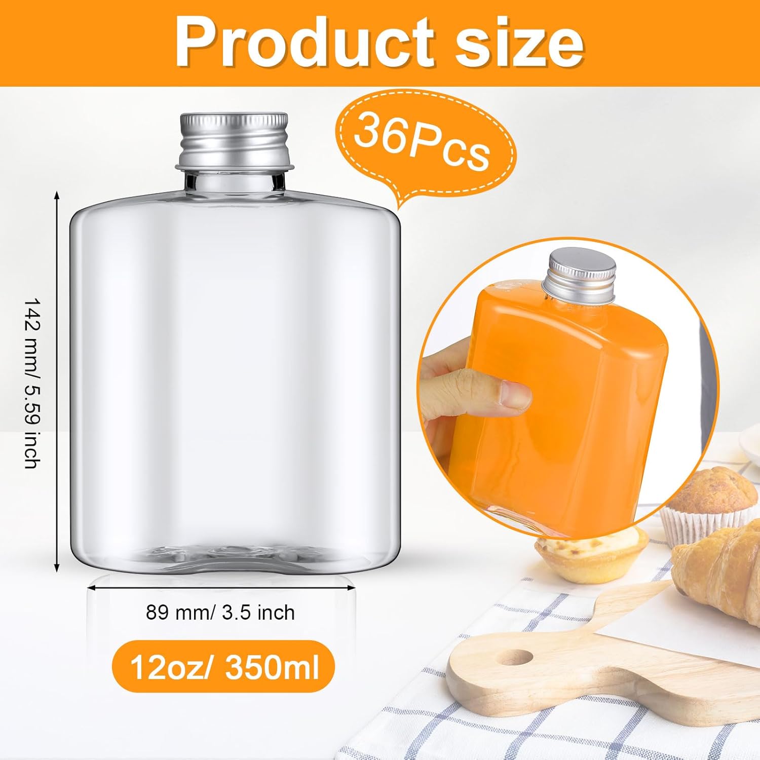 Norme 36 Pcs 12 oz Plastic Bottles Bulk with Caps Small Reusable Disposable Juice Bottles Empty Clear Beverages Drink Containers Water Flask Mini Fridge Containers for Juicing Smoothies Milk