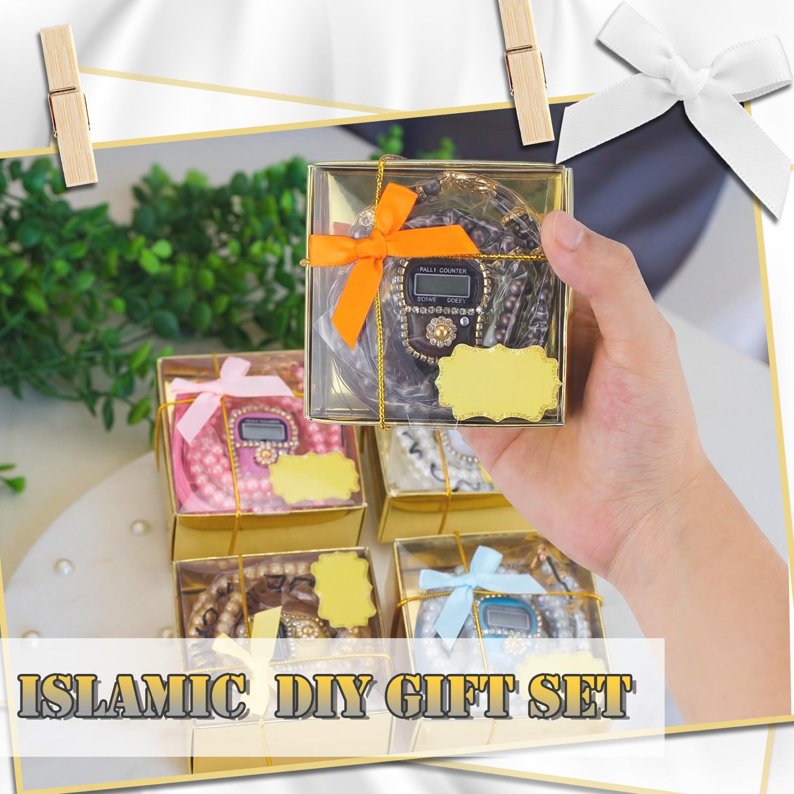 MTLEE 20 Sets muslimische Gebetsperlen für Hochzeiten mit digitalem Zähler | Tasbih Theke mit Goldboxen, Dankeskarten, Bändern, für Eid Ramadan Umrah Islamische Zeremonie, elegantes Paket