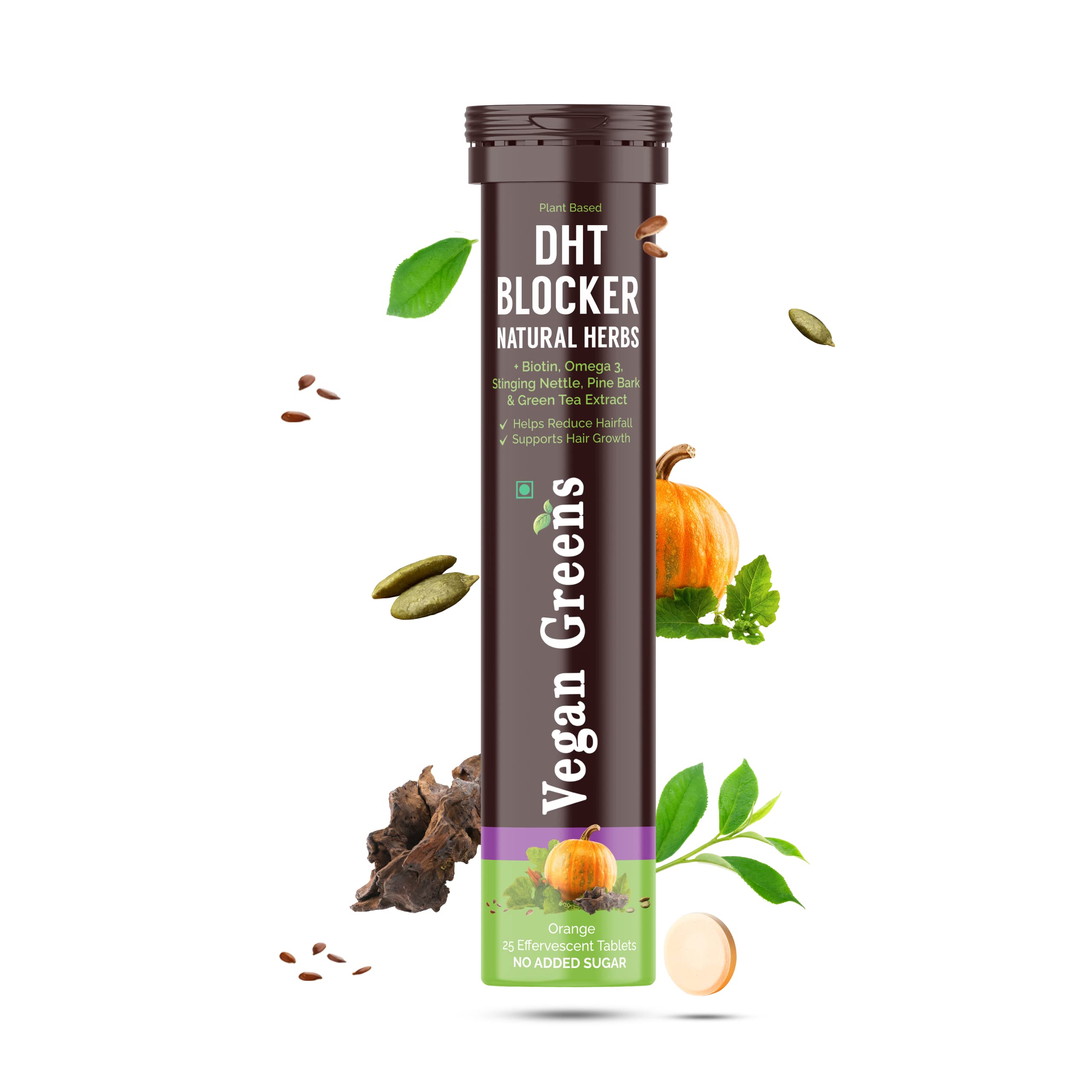 Vegan GreensPlant Based DHT Blocker With Biotin, Omega 3, Stinging Nettle, Pine Bark, Green Tea. For Hair Growth, Hair Fall Control, Healthy Hair For Men & Women (25 Effervescent Tablets, Orange)
