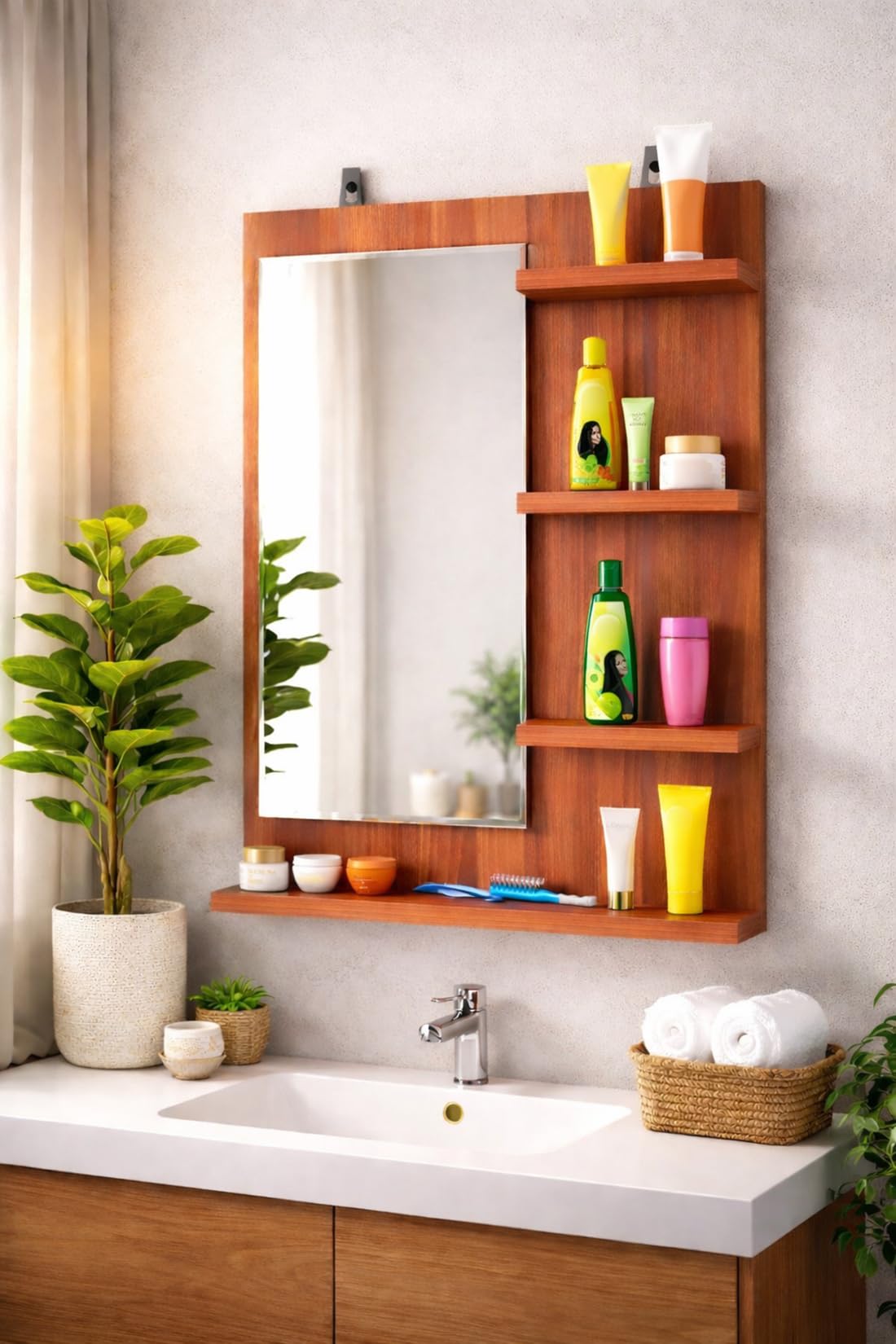 Wall Mounted Dressing Table, Engineered Wood, Teak Finish, Modern Style, with Mirror, 4 Storage Shelves, 70x50x10 CM I Multipurpose Cosmetic Holder-image-15
