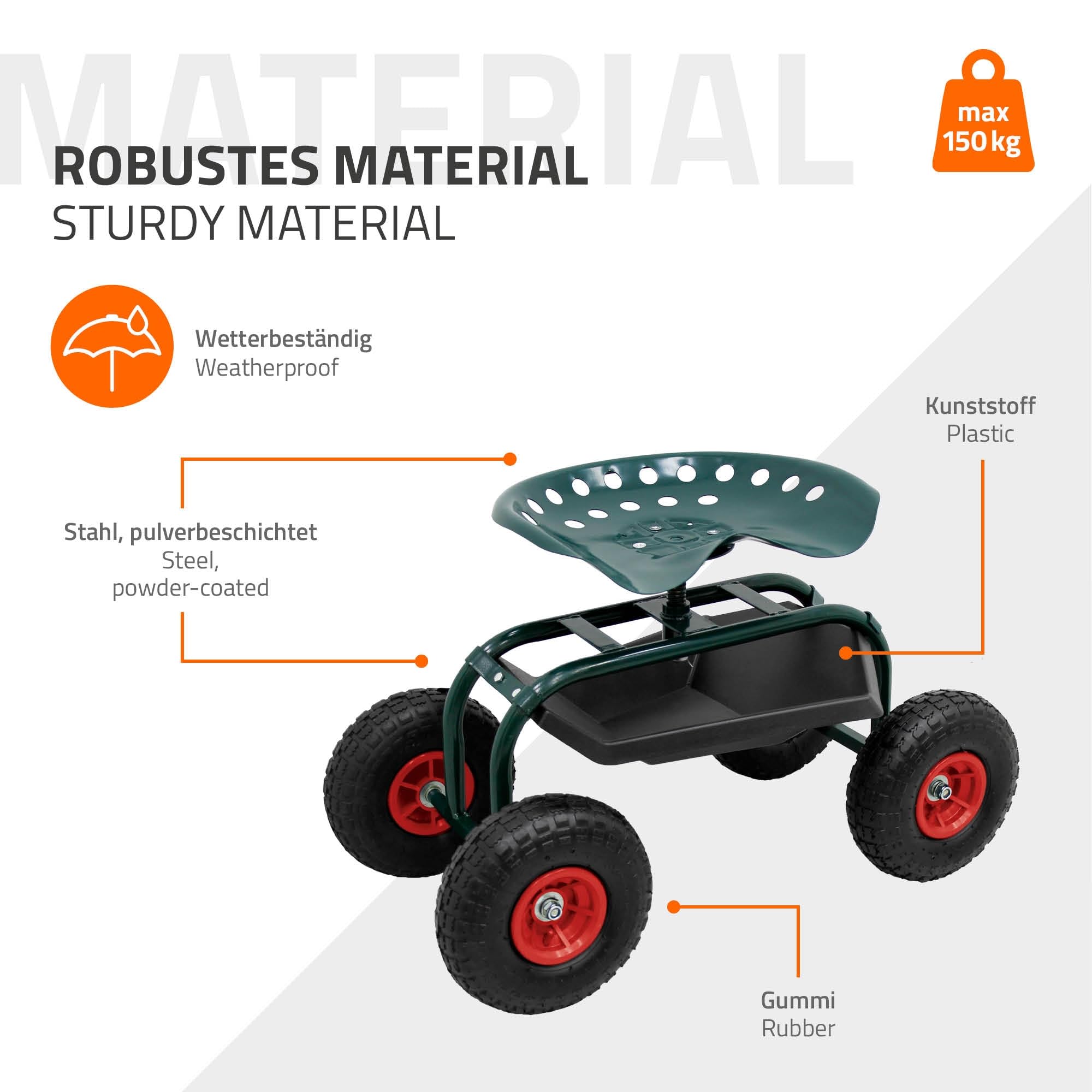 ECD Germany siedzisko ogrodowe na kólkach obrotowe 360 stopni regulowane wysokosc siedzisko stalowe do 150 kg mobilny wózek ogrodowy z pólka szerokie opony do prac ogrodniczych i pielegnacji samochodu