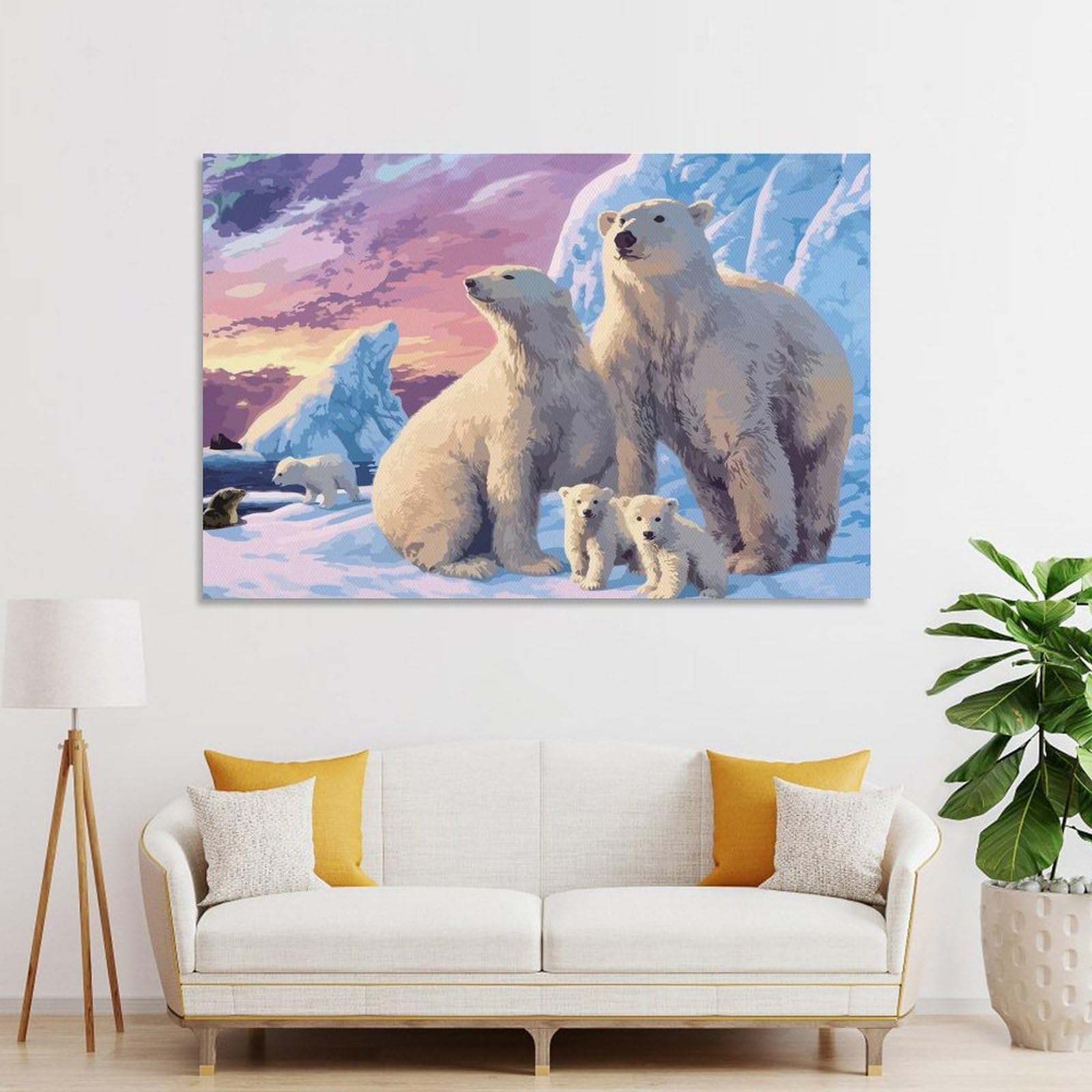 Junmoney Polar Bear Family Sunset Canvas Wall Art, 24x36inch(60x90cm), for Wall Displays, Bedrooms Or Room Updates, Ideal for Building A Coordinated Art Wall
