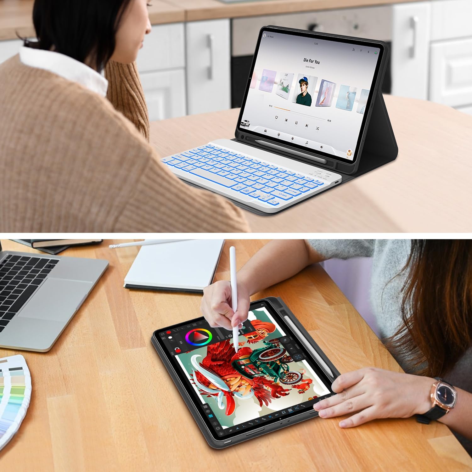 Keyboard Case for iPad Air 11-inch (M3 2025 / M2 2024) 7 Color Backlit Wireless Detachable Keyboard with Pencil Holder for iPad Air 11 2024, Navy Blue