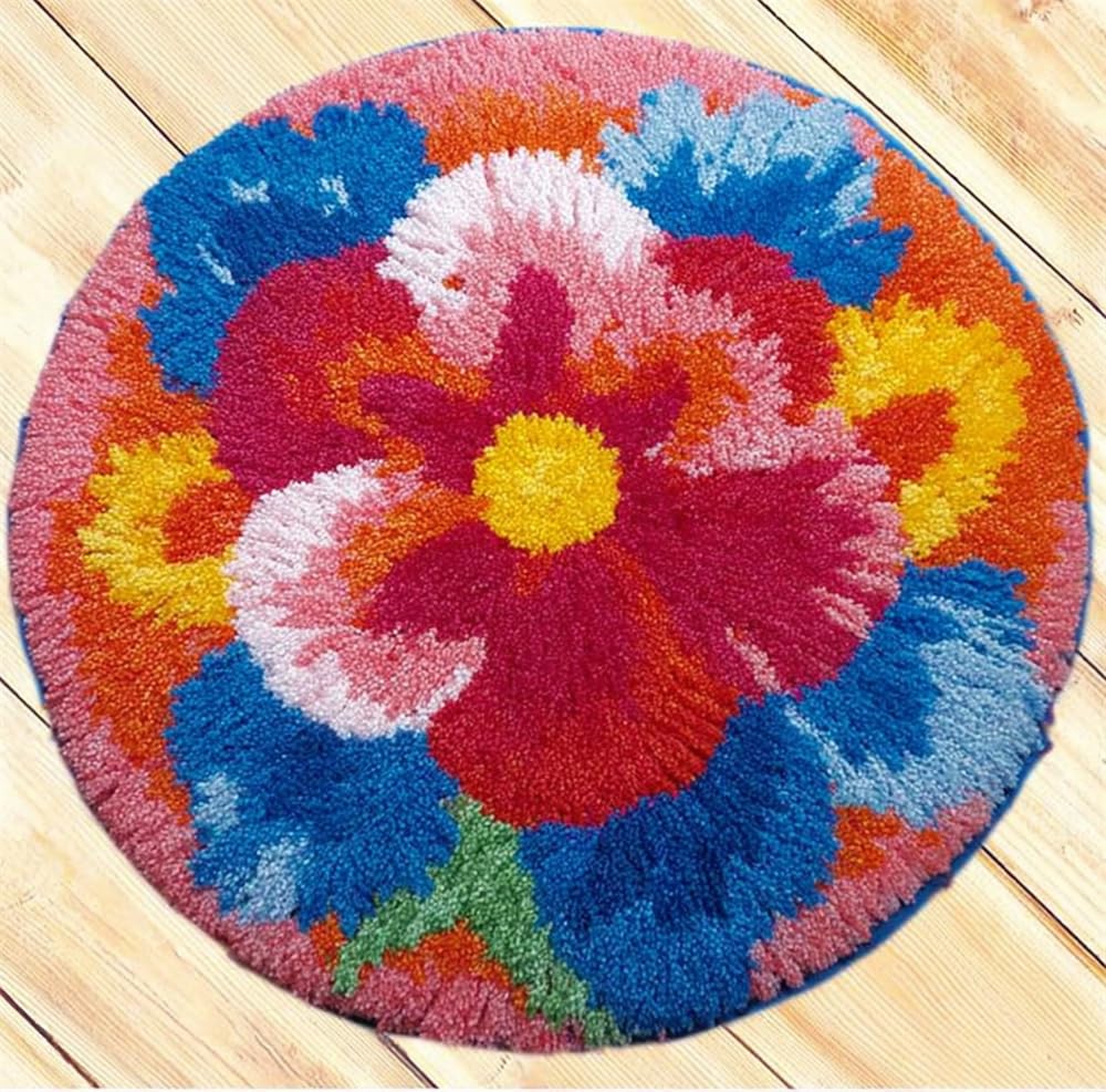 kitphoenix Rug DIY Crafts Yarn Carpet Round Shape Flower Blossom 20X20Inch (50X50Cm) Latch Hook Rug Crochet Kits for Beginners Adults