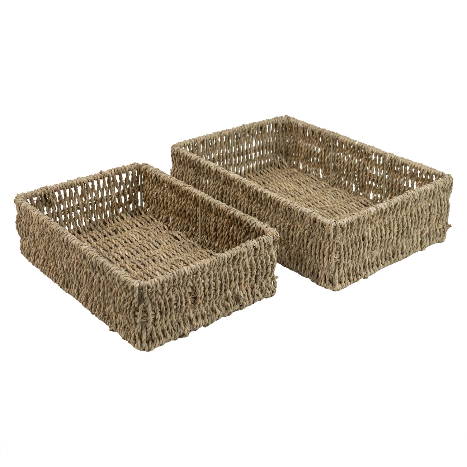 Jvl Brown Set Of 2 Rectangular Hand Woven Seagrass Storage Baskets – Natural Home Storage Organiser Set,