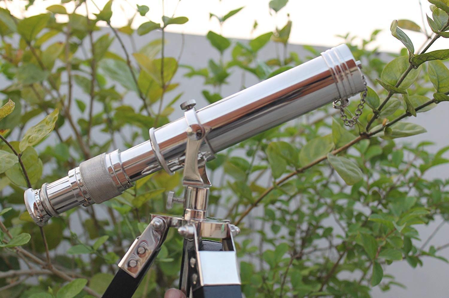 Mahira Nautical Brass Antique Chrome Telescope Double Barrel with Black Tripod Stand C