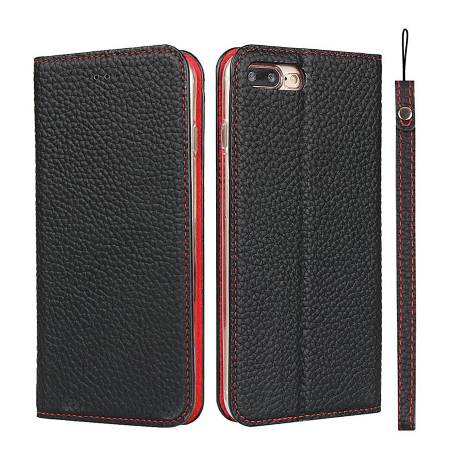 Etui do iPhone SE 3/SE 2/8/7, etui z prawdziwej skóry z paskiem na nadgarstek, przegródka na karty, podpórka, otwierana folio, magnetyczne etui na telefon, kompatybilne z iPhone SE 2022/SE 2020/8/7, czarne