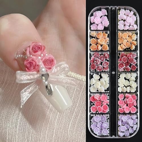 3D Flower Nail Charms, Gradient Red Pink White Resin Acrylic