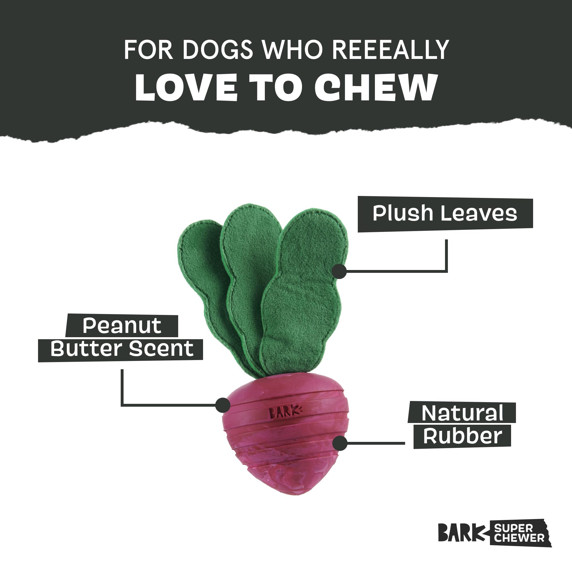 BARK Dog Toy Super Chewer Turnt Up Turnip Natural Rubber Toy for Dogs Peanut Butter Scented, Plush Leaves To Toss - Image 2
