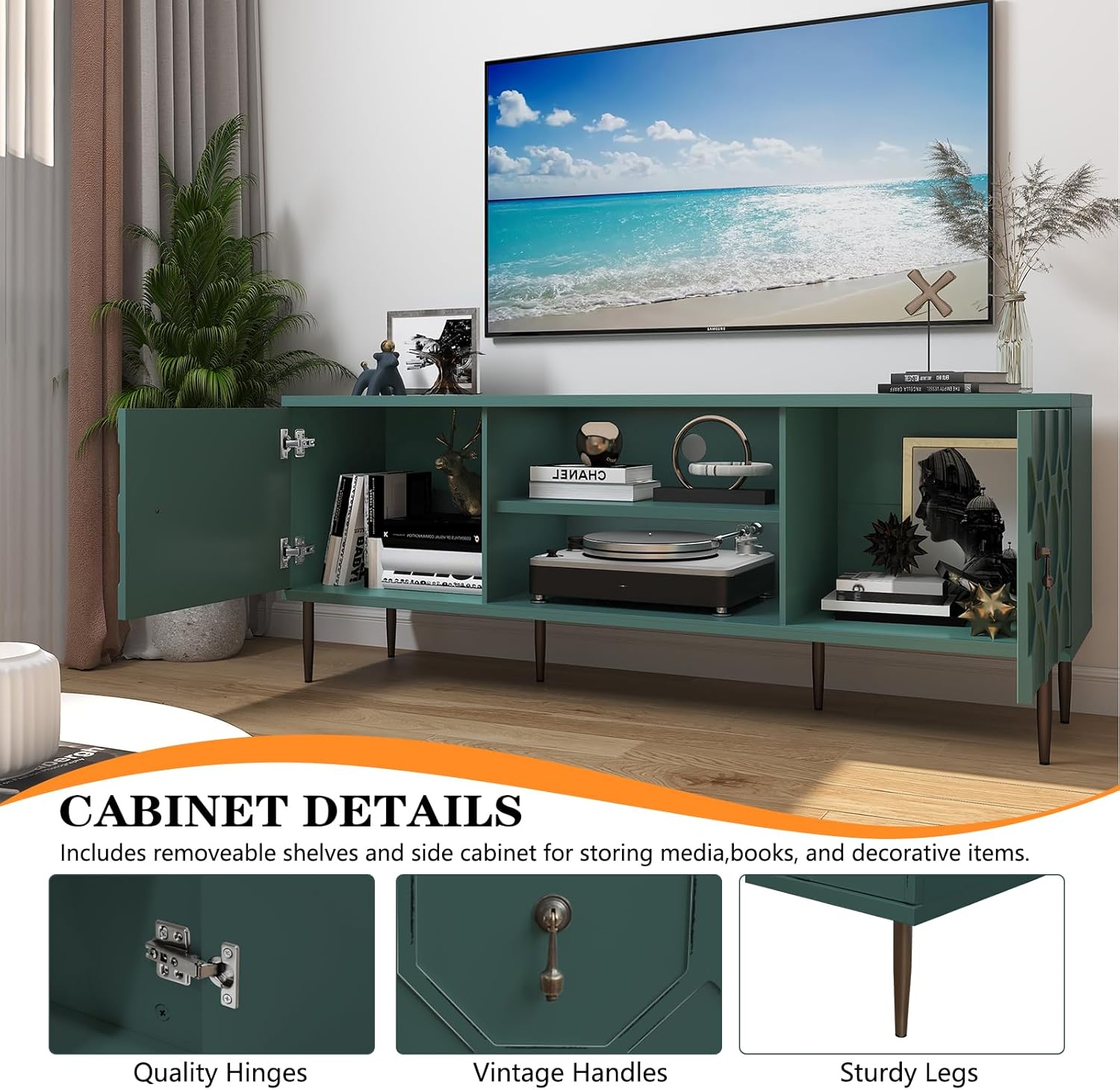 Modern TV Stand for 65/70inch TV, Entertainment Center with Storage Cabinet and Open Shelves, Embossed Pattern TV Stand, TV and Media Console for Living Room, Bedroom, Green