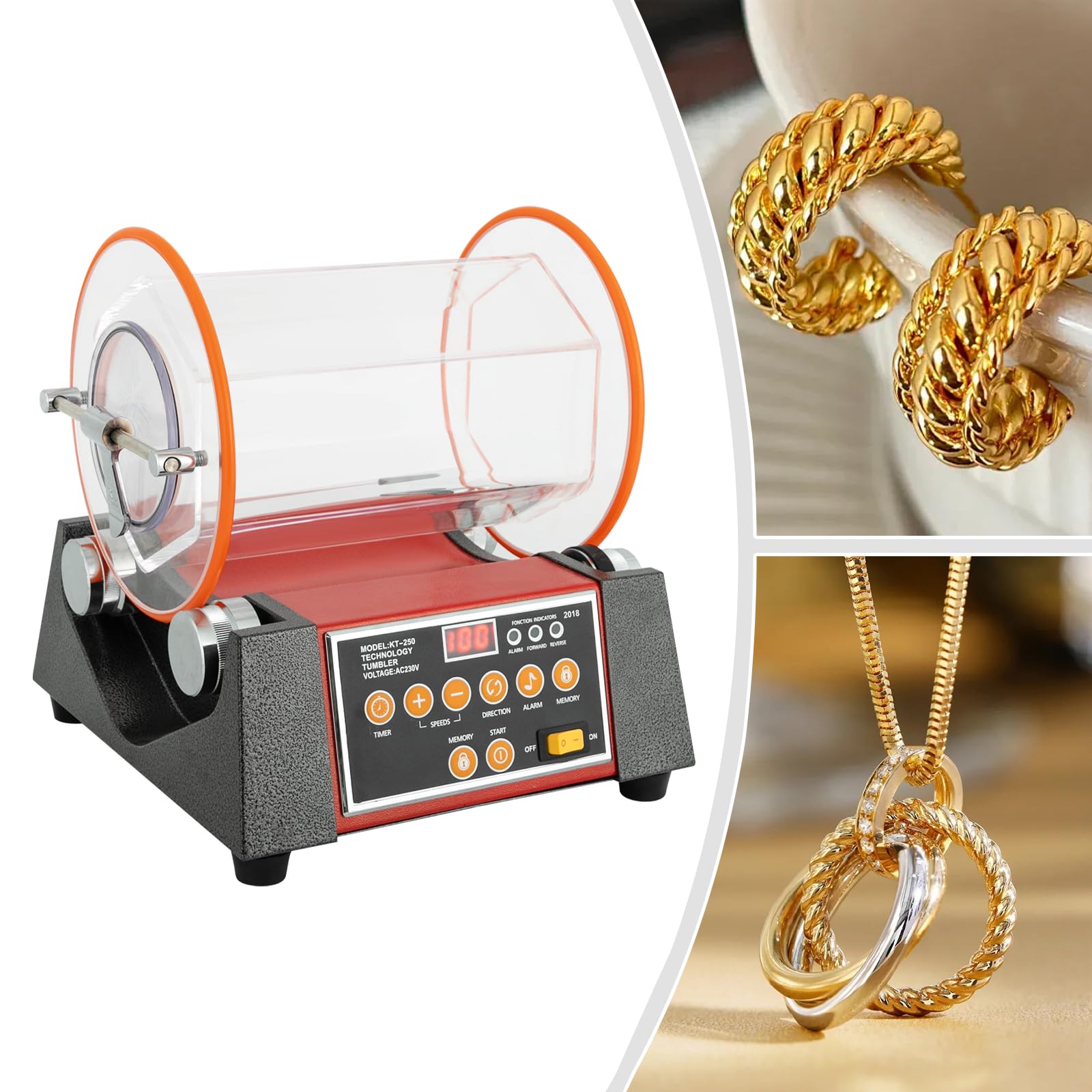 Polisseur de Bijoux 220V 1800W Machine à polir à Tambour en Affichage Numérique,Minutage,pour Polissage Meulage Grossier,Meulage Fin,L'élimination Taches Noires et L'éclaircissement 29X27X12CM