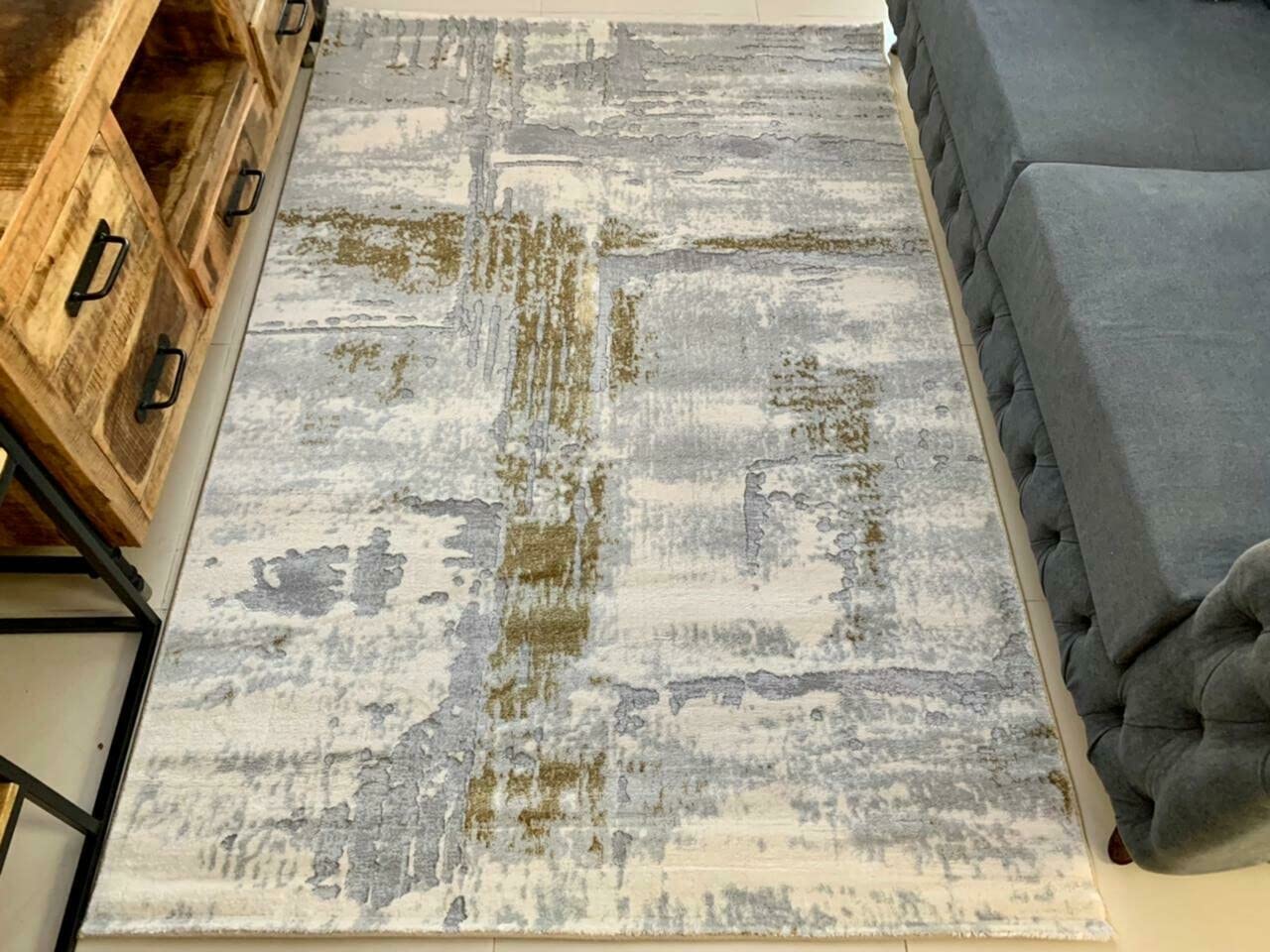Abstract Carpet for Living Room (Grey/Gold, 80 x 150cm / 2.6 x 4.9ft)