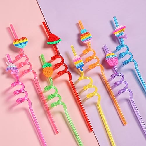 Miniatura 2 de 24 pajitas de plástico para beber para fiestas de cumpleaños, 8 diseños de Pop Fidget ideales para suministros de fiesta pop con 2 cepillos de