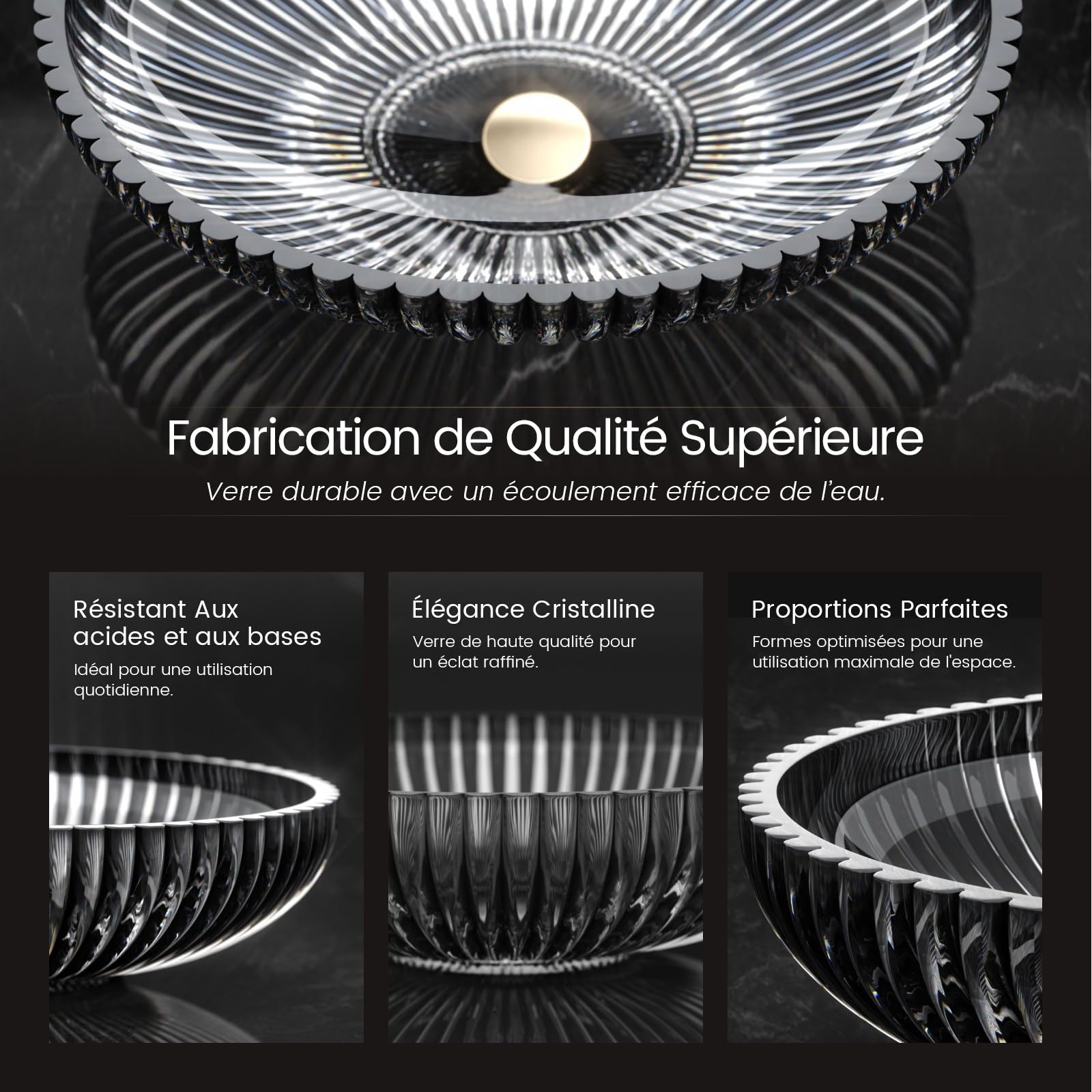 EMKE Vasque à Poser Ovale en Verre Cristal 51 x 35 x 15 cm, Noir Mat | Grand Lavabo Effet Diamant Ciselé, Bol en Verre Trempé pour Meuble Double Vasque de Salle de Bain(Robinet Non Inclus)