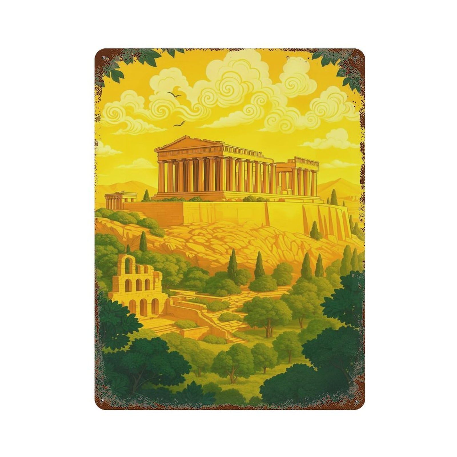 The Parthenon at The Golden Hour Rustic Tin Plaque 15.7"x11.8", for Living Room, Hallway And Home Decor, Decorative Metal Wall Art