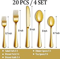 Vista 2 de Juego de cubiertos dorados de 20 piezas para 4, juego de cubiertos de acero inoxidable premium, juego de utensilios de cubertería, juego de vajilla