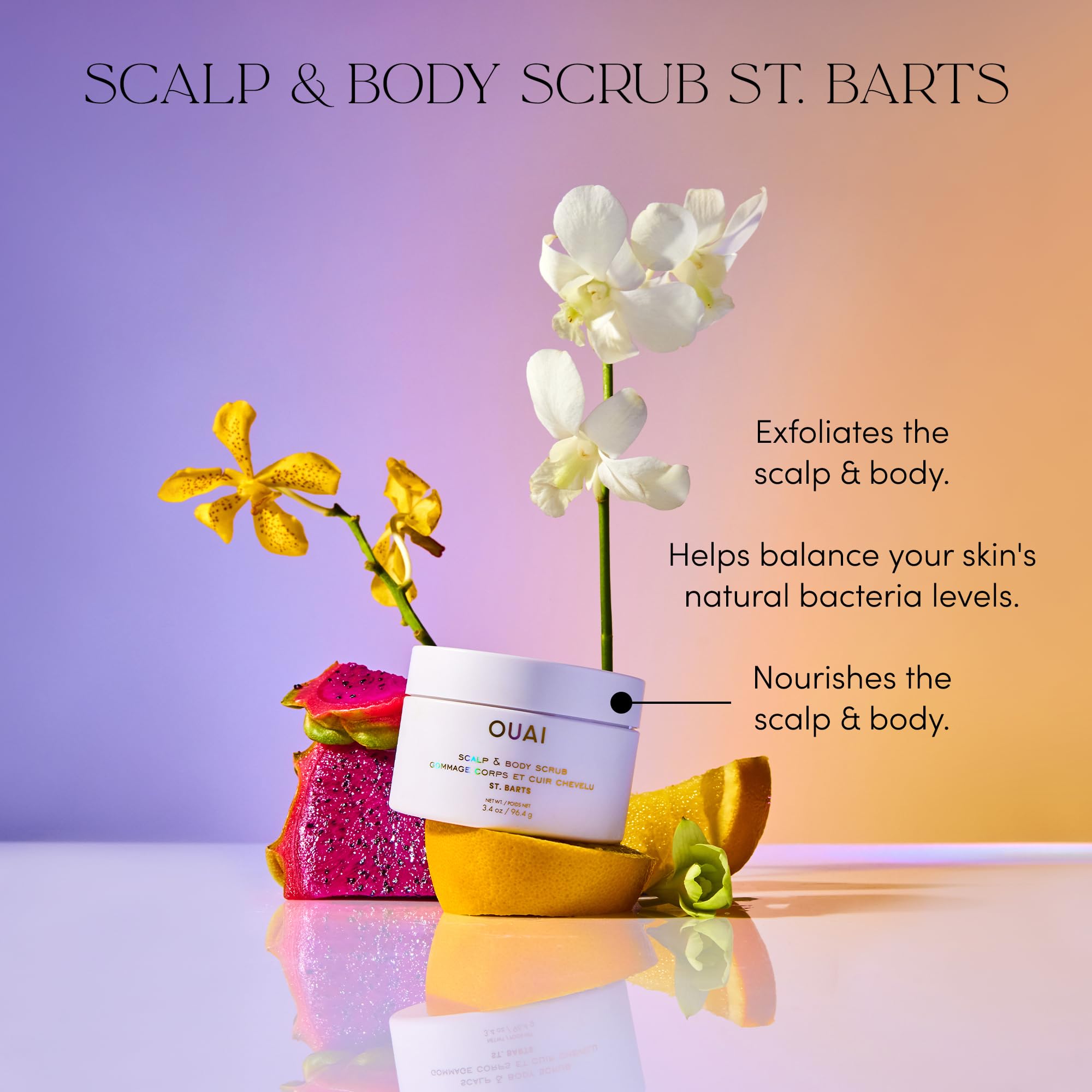 OUAI St. Barts - Scrub esfoliante per il corpo e il cuoio capelluto, con miscela di zucchero e olio di cocco, per una pelle liscia e idratata, scrub delicato per rimuovere l'accumulo di prodotto (96,4