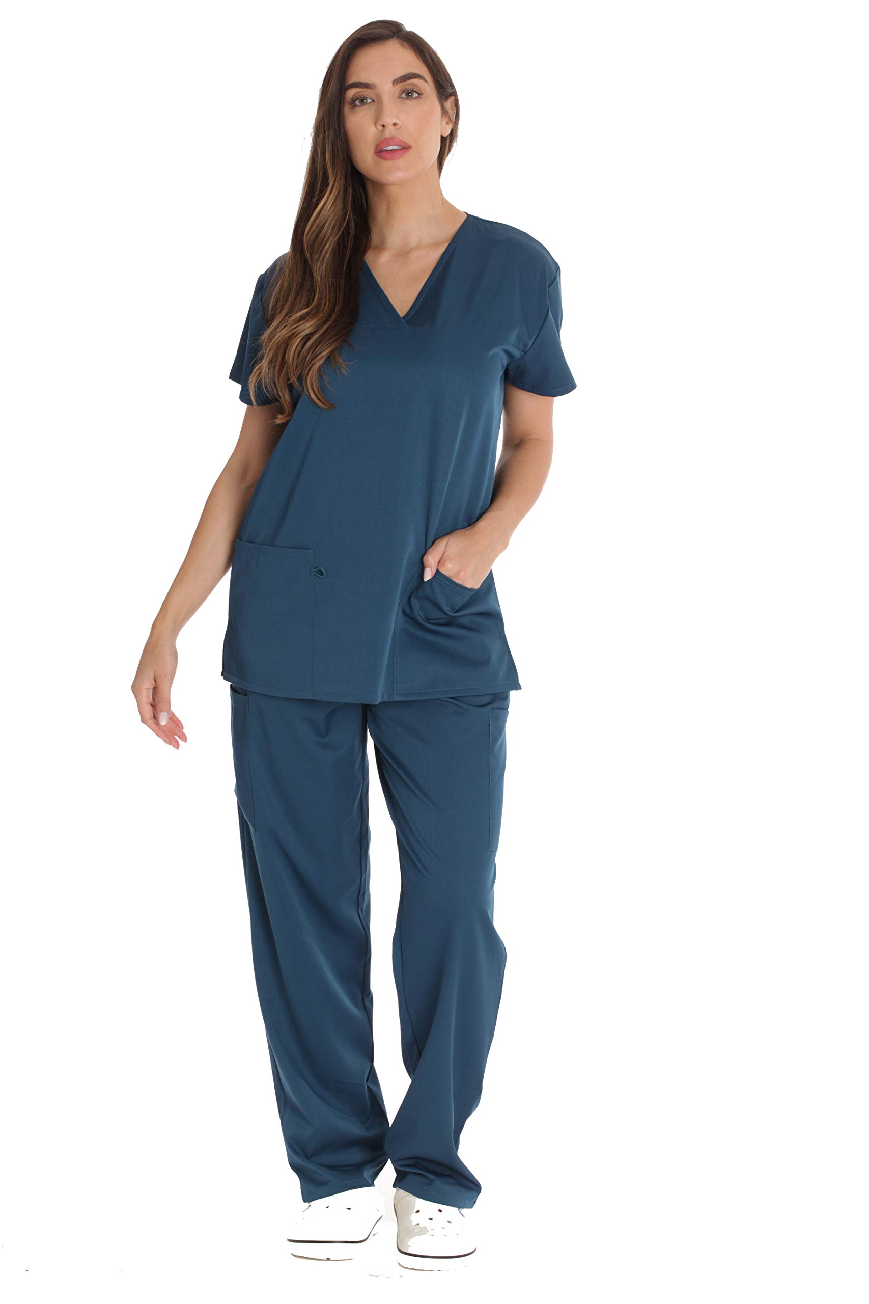 Just Love Solid Stretch Scrub Set for Women Stretchy Mock Wrap Top and Cargo Pants