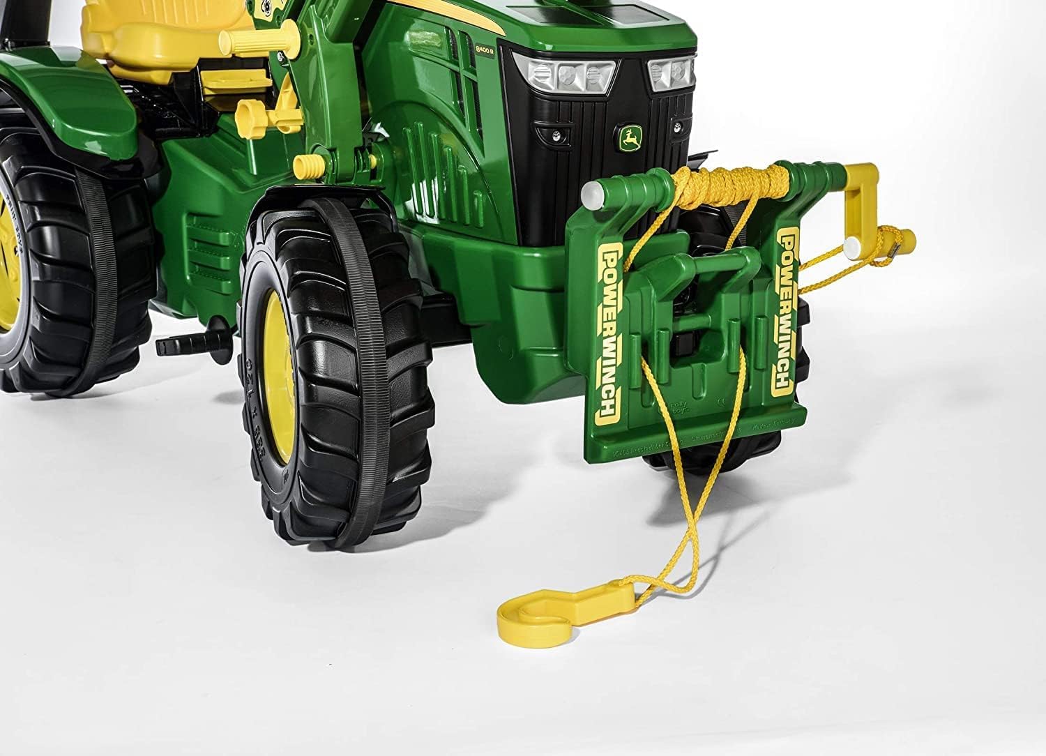 Rolly Toys rollyFarmtrac John Deere mit Frontlader, Seilwinde und Blinklicht (3-teiliges Set, Trettraktor für Kinder ab 3 Jahren mit Zubehör) 710454