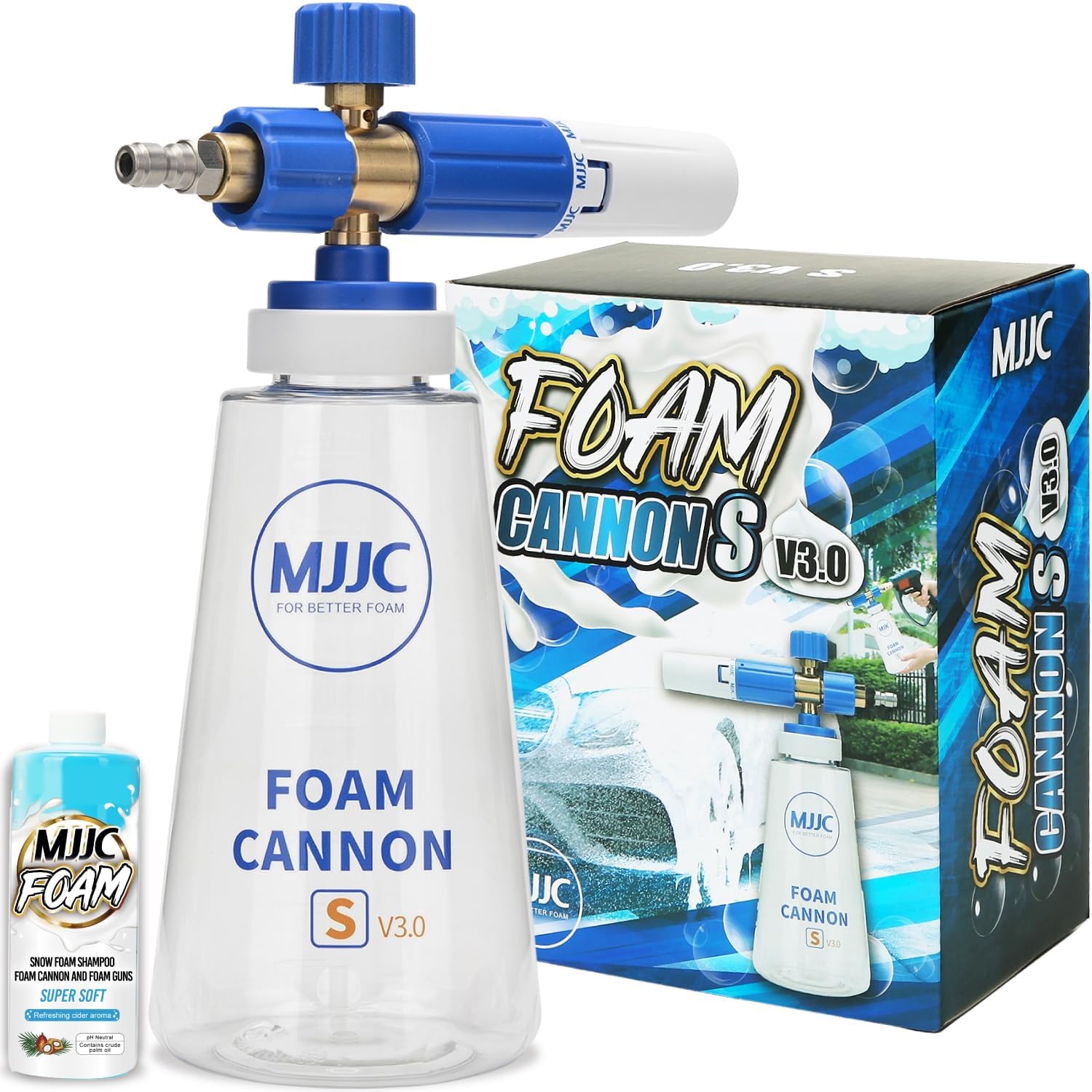 MJJC Foam Cannon S v3.0 (טכנולוגיית קצף שלג עבה יותר) עם מחבר מהיר בגודל 1/4 אינץ' למכונת שטיפה בלחץ, בקבוק 34 אונקיות (גרסה 3.0 (1/4 אינץ' מחבר מהיר) + דגימת סבון)