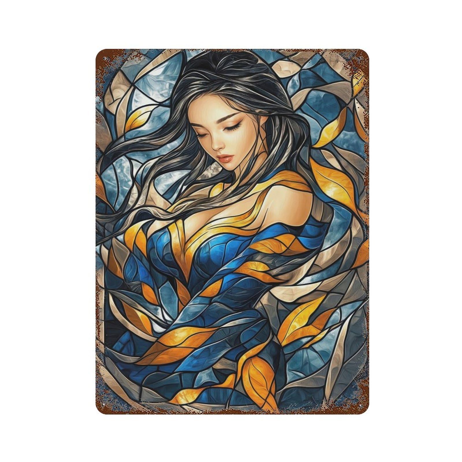 Rust Effect Stained Glass Woman Vintage Rust Metal Sign 15.7"x11.8", Classic Wall Plaque for Shed, Workshop And Garage Wall Decor